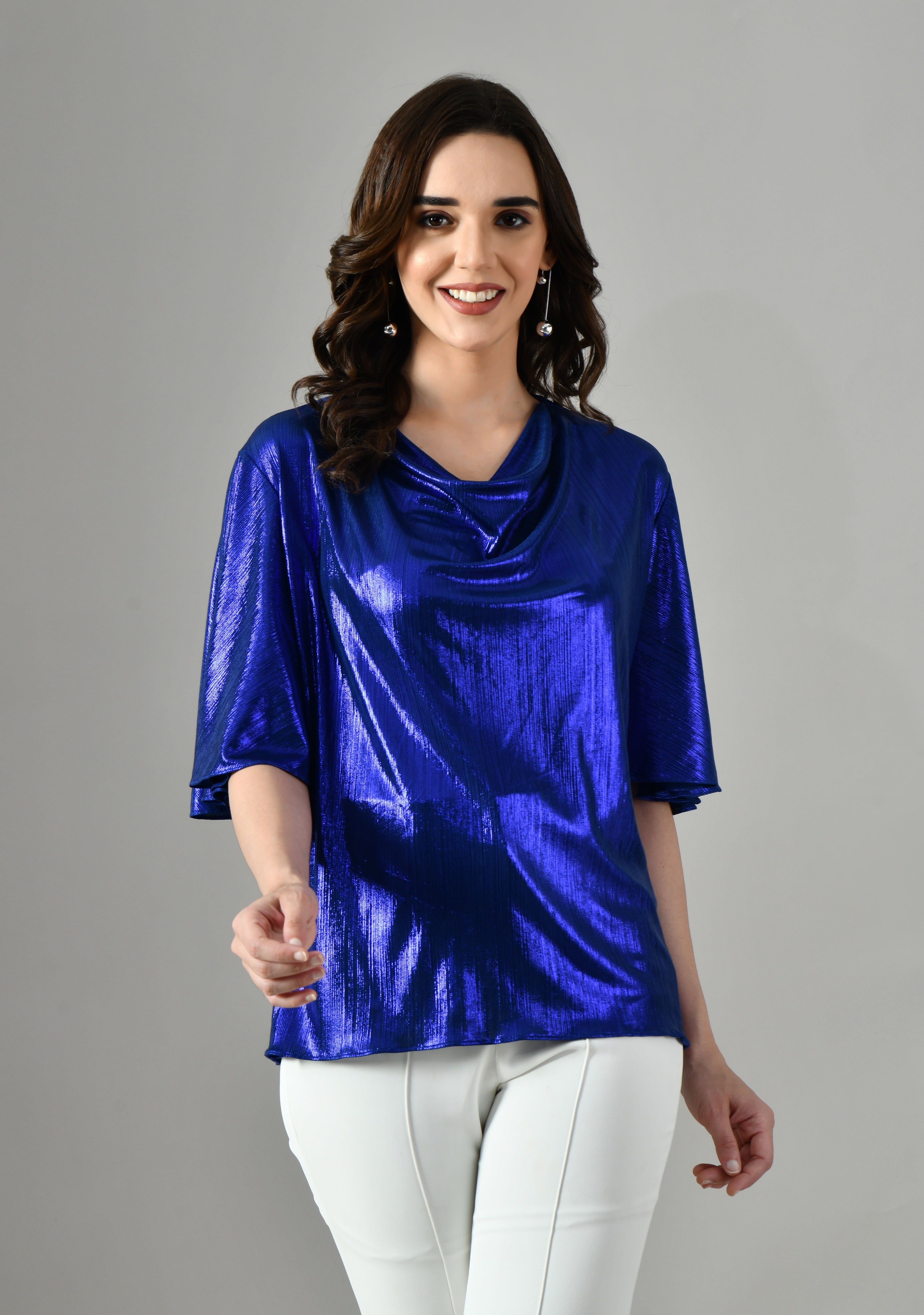 Royal blue glossy finish blouse for women, stylish western party wear top with relaxed fit