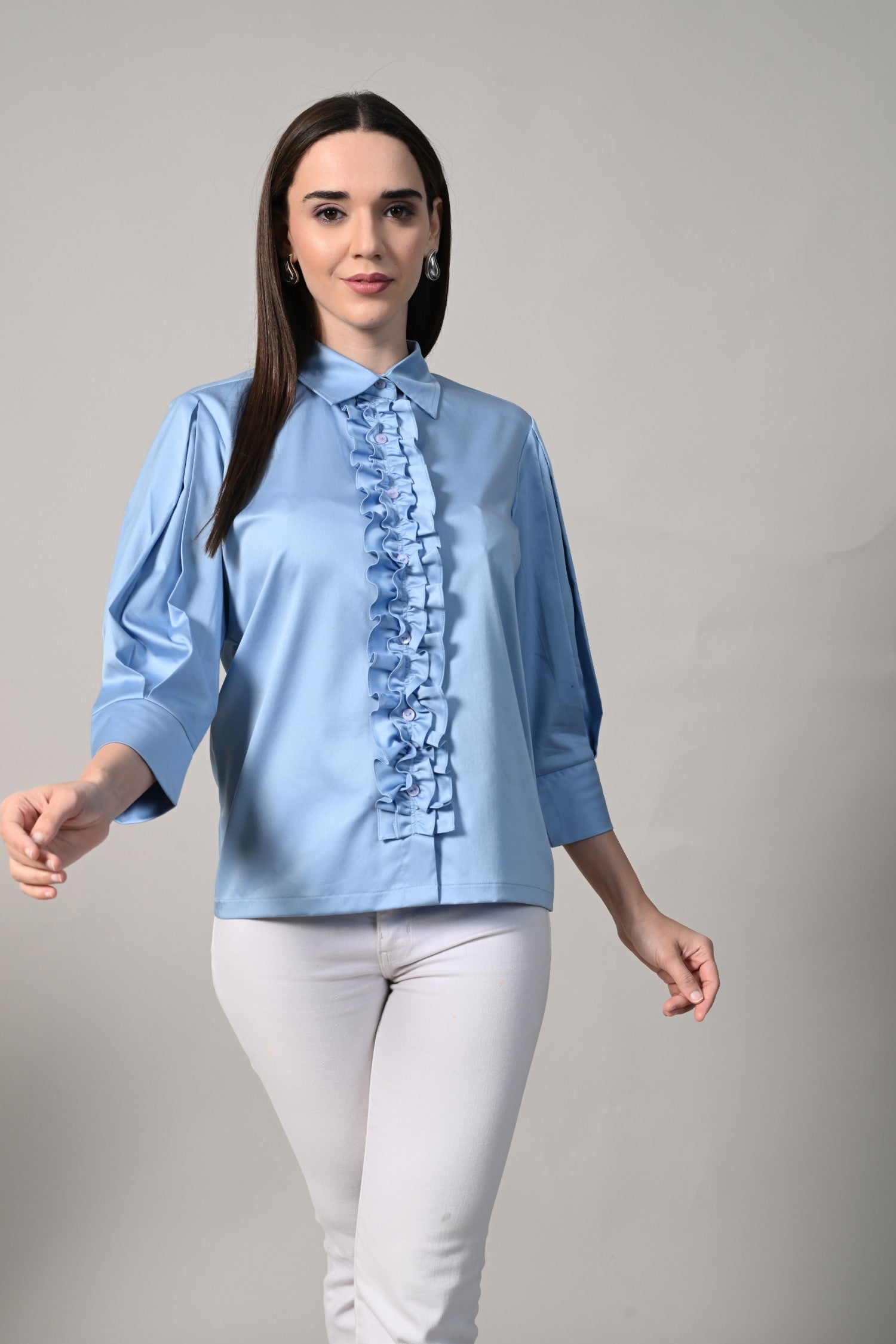 Shirts for Women - Sky Blue Cotton Shirt by Isara - A timeless and breathable cotton shirt, great for work or casual outings.