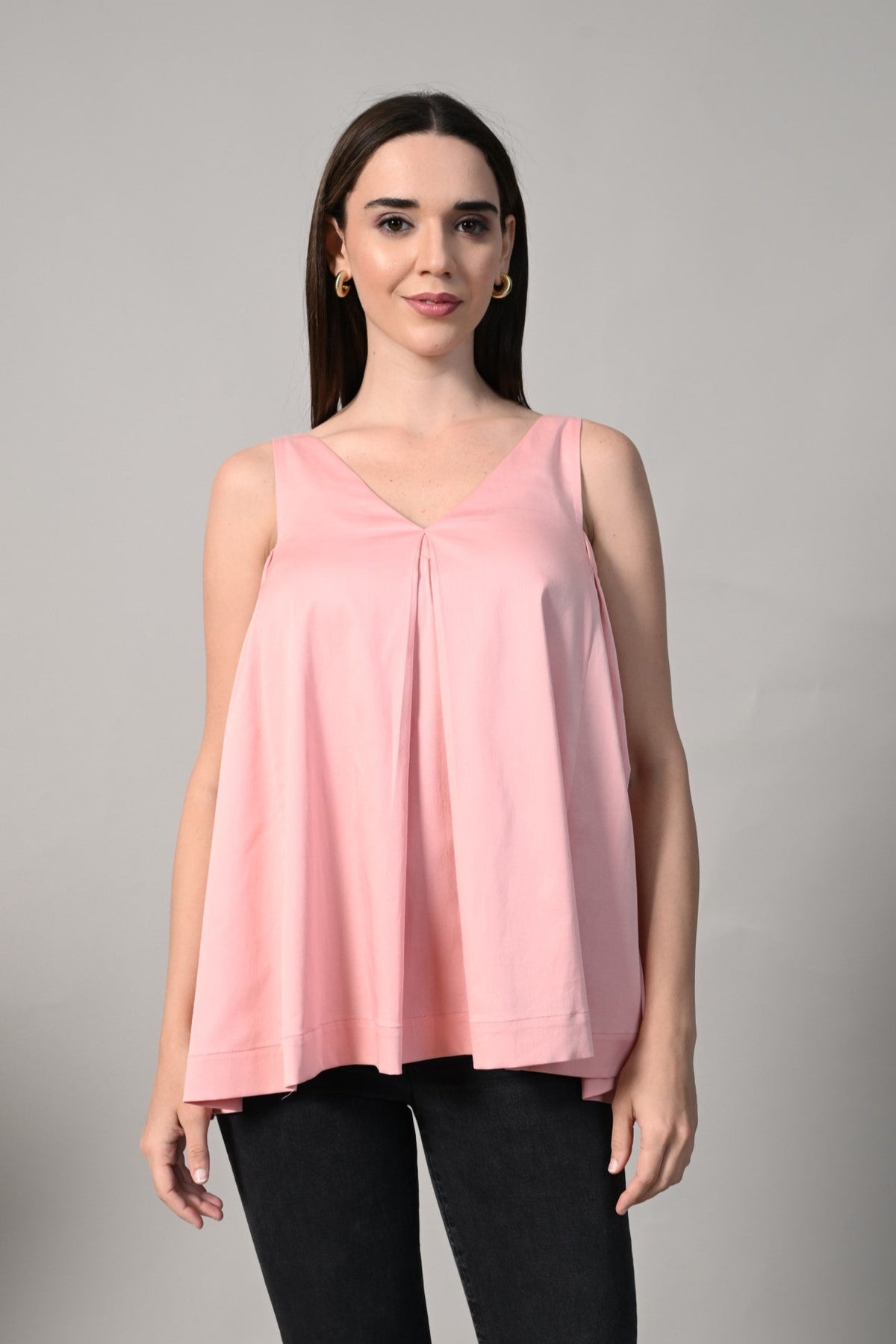 Pink V-neck sleeveless A-line cotton dress with front pleat – perfect for summer outings and casual wear.  V-neck casual Top