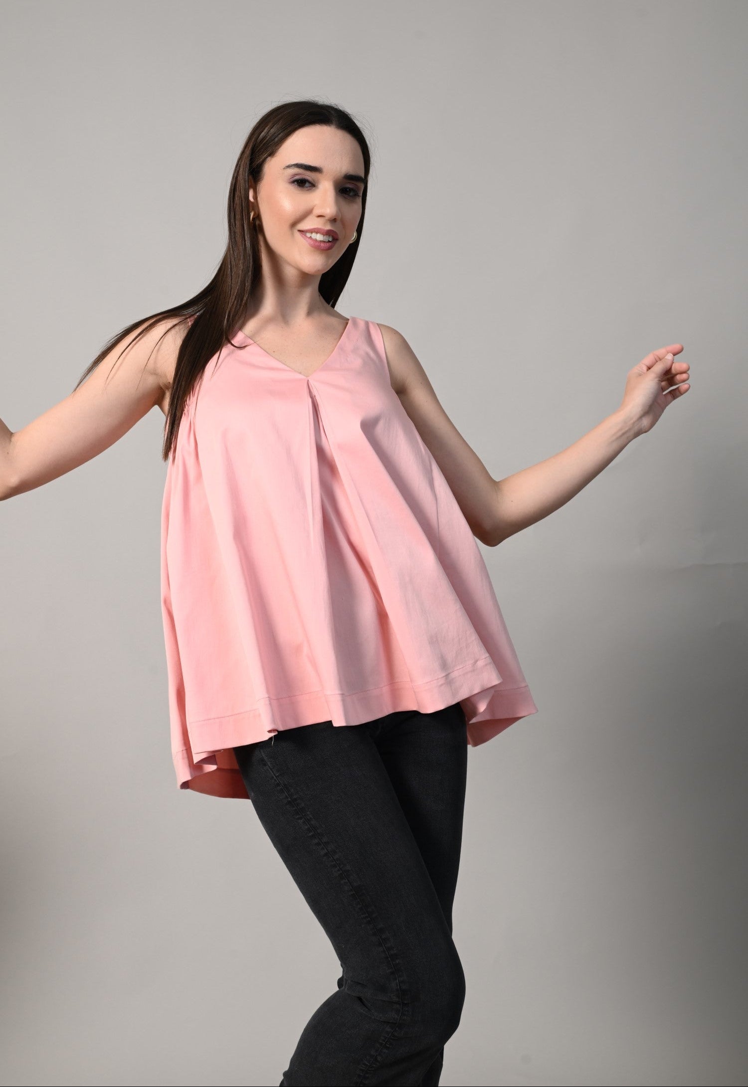 Chic pink A-line cotton dress with V-neck and front pleat – perfect for casual, brunch, or travel wear. tops for women formal.
