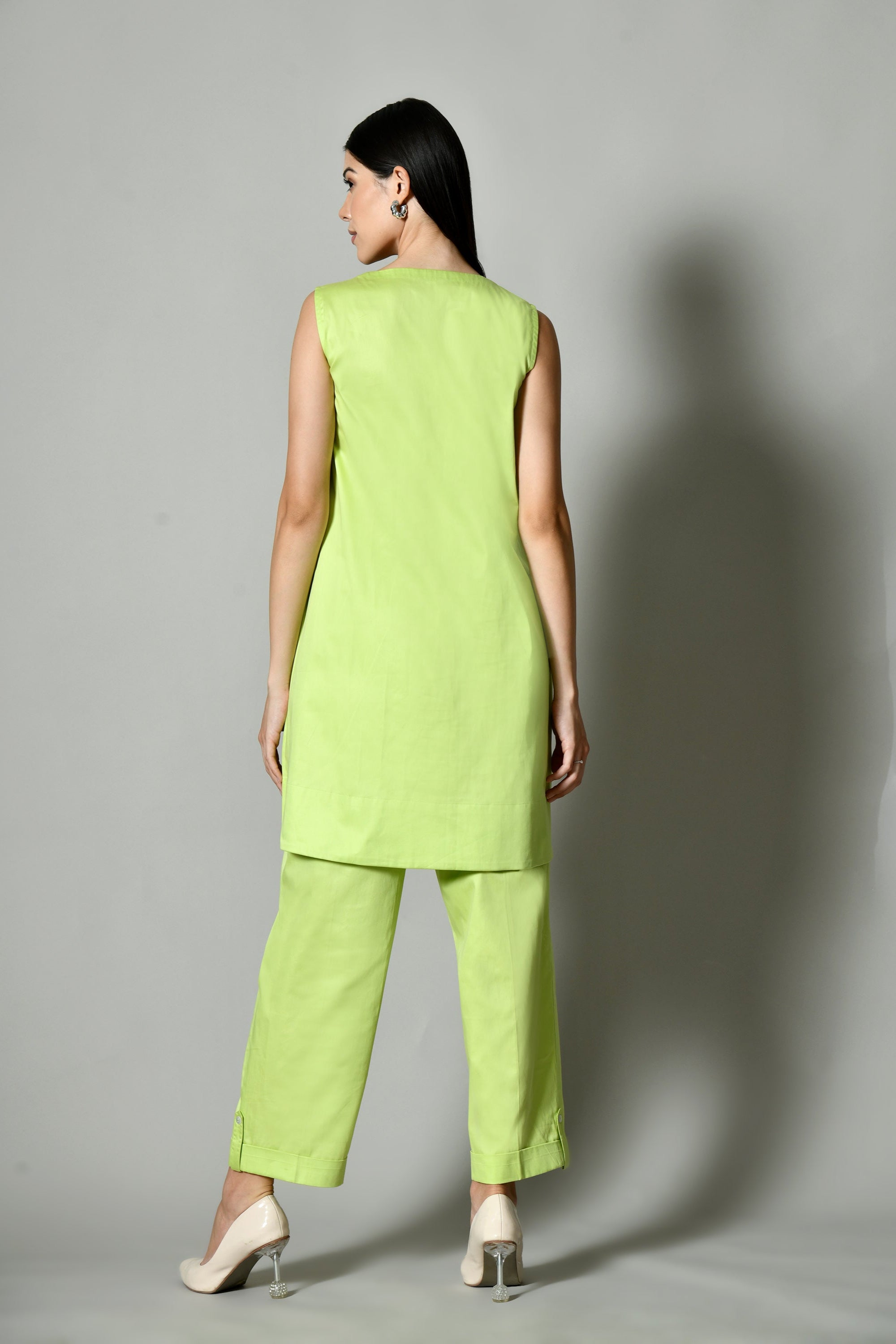 Two-piece light green co ord set for women – trendy Indian summer outfit perfect for casual ethnic styling. co ord sets zara
