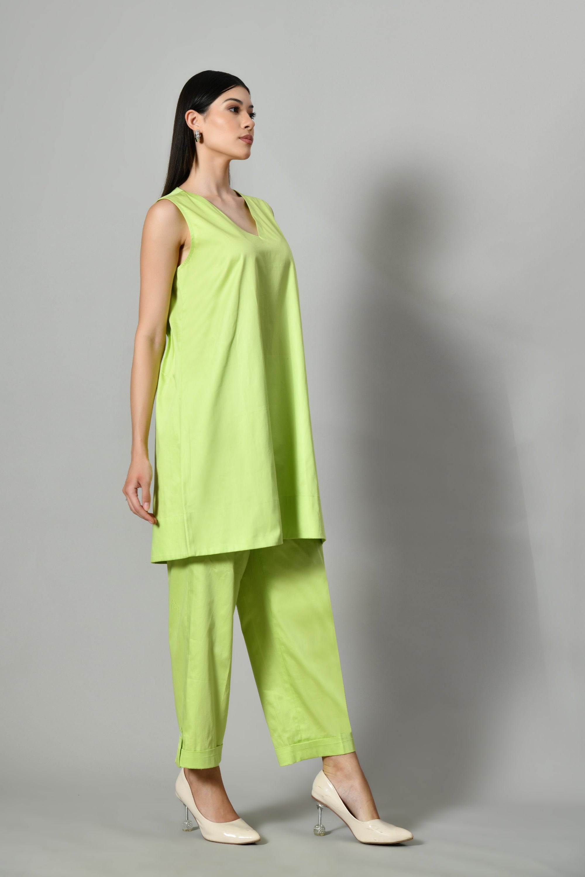 Summer ethnic outfit in light green – breathable cotton tunic set for women, inspired by Zara co ord styles. Trendy wear 