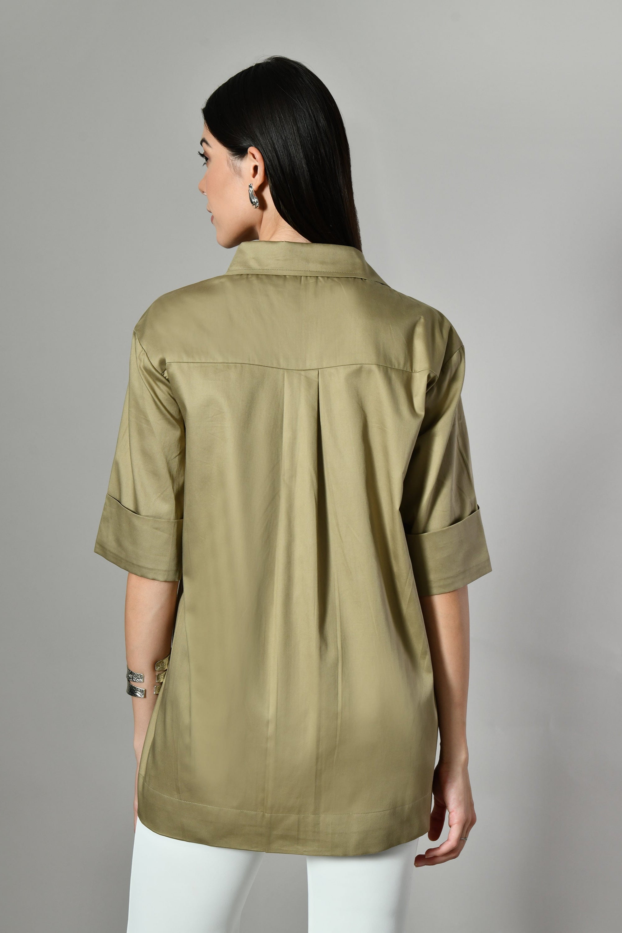 Designer cotton shirt for women featuring bold geometric embroidery – stylish ethnic casual wear for work or weekend outings.