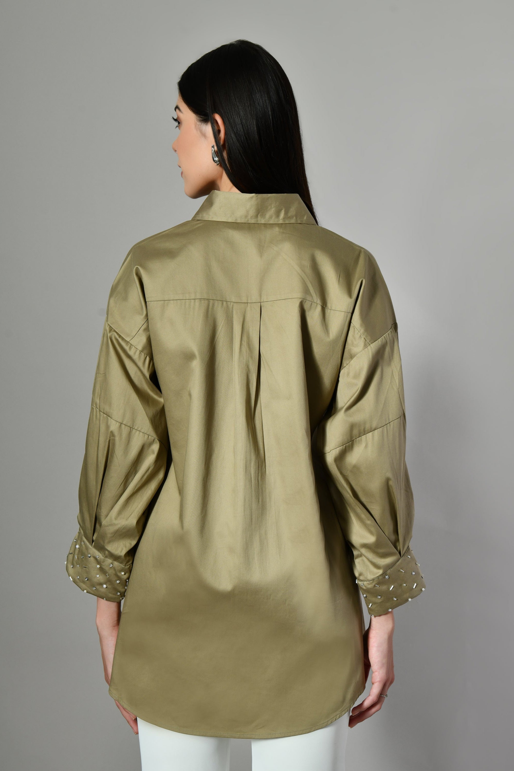 Designer willow shirt in cotton fabric – elegant embellished shirt perfect for casual wear or stylish women’s workwear. 