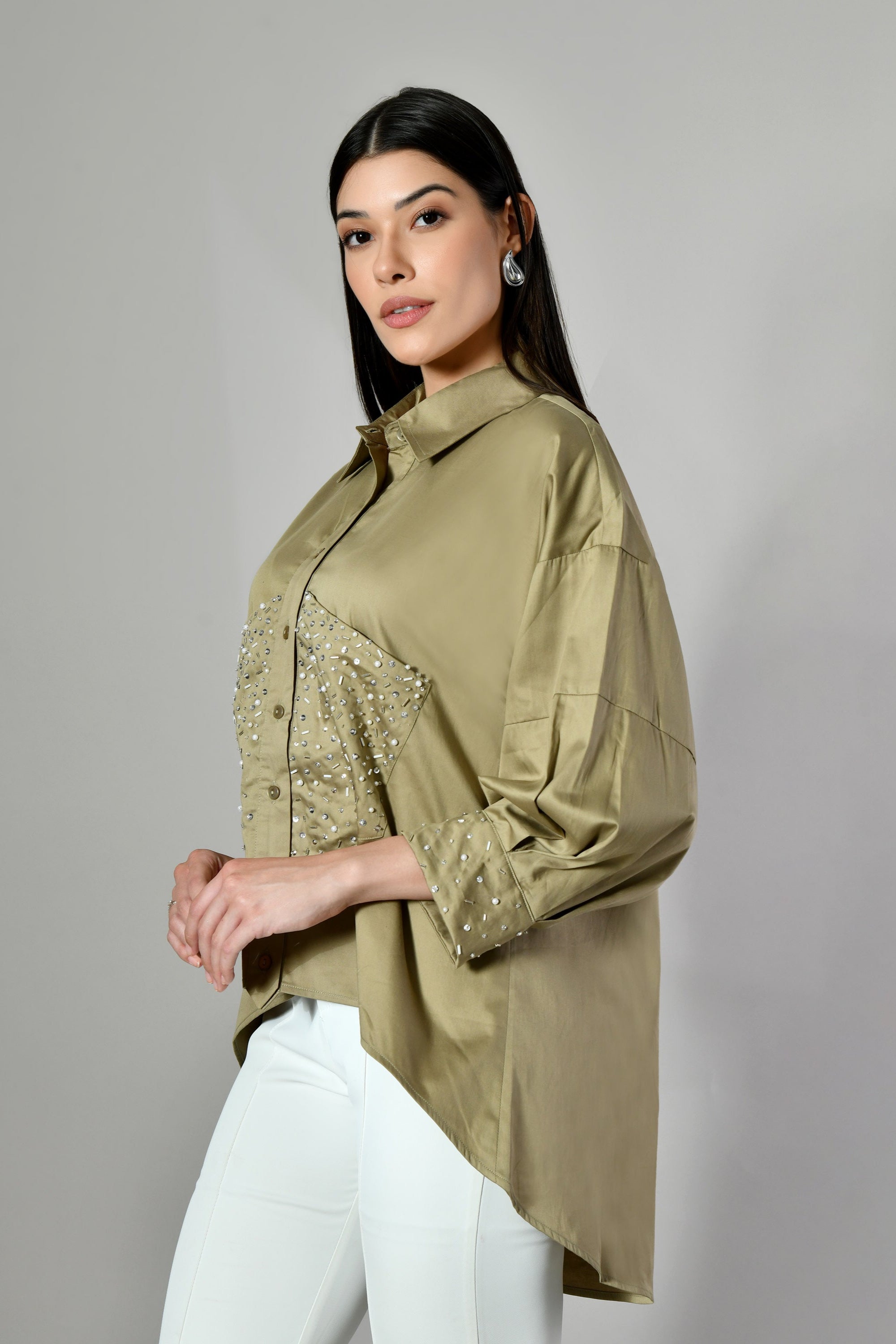 Beadwork embellished casual shirt for women – chic cotton top with long sleeves, suitable for parties and festive events.