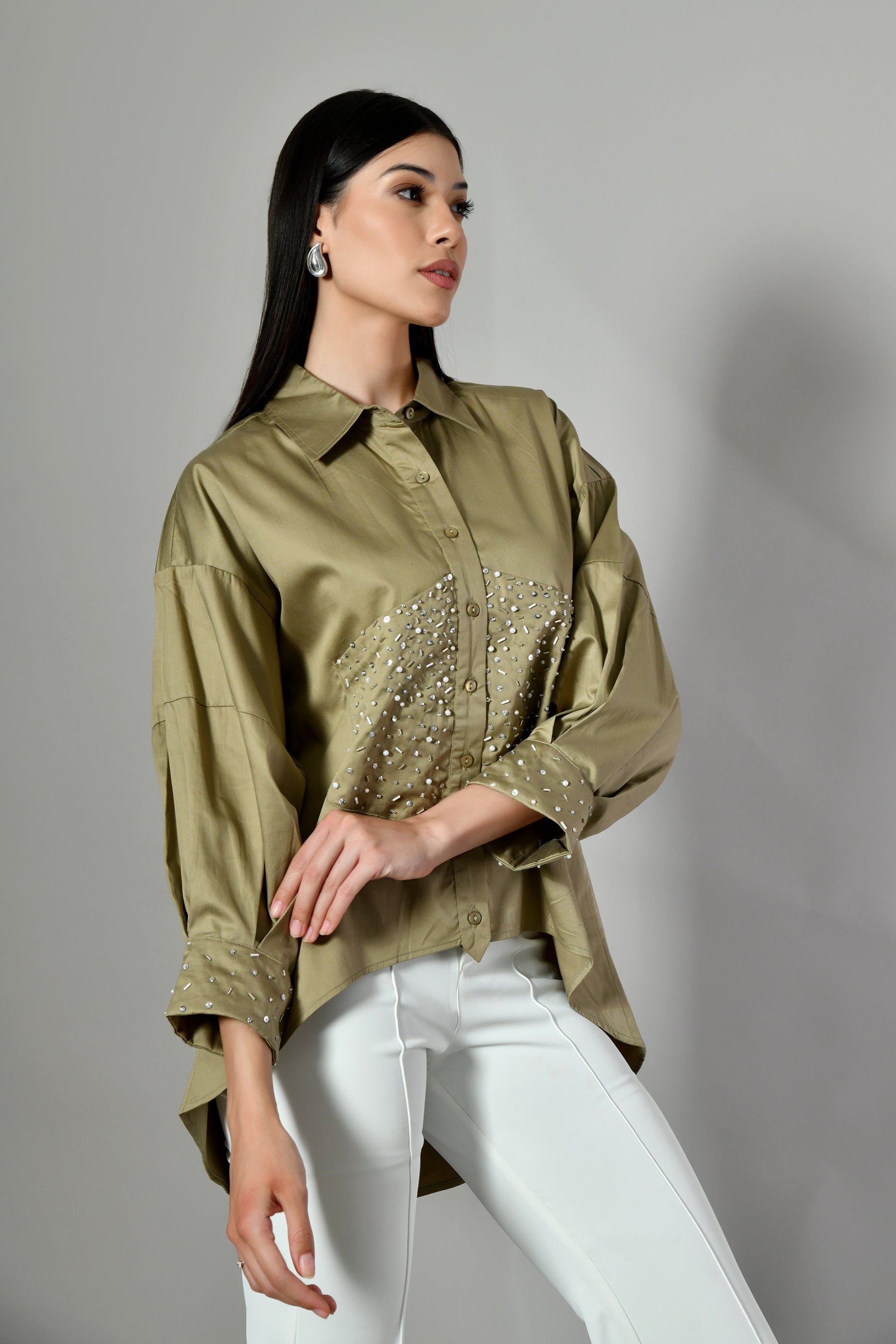 Stylish workwear shirt for women – embellished cotton tunic with designer detailing, perfect for office or weekend outings. 