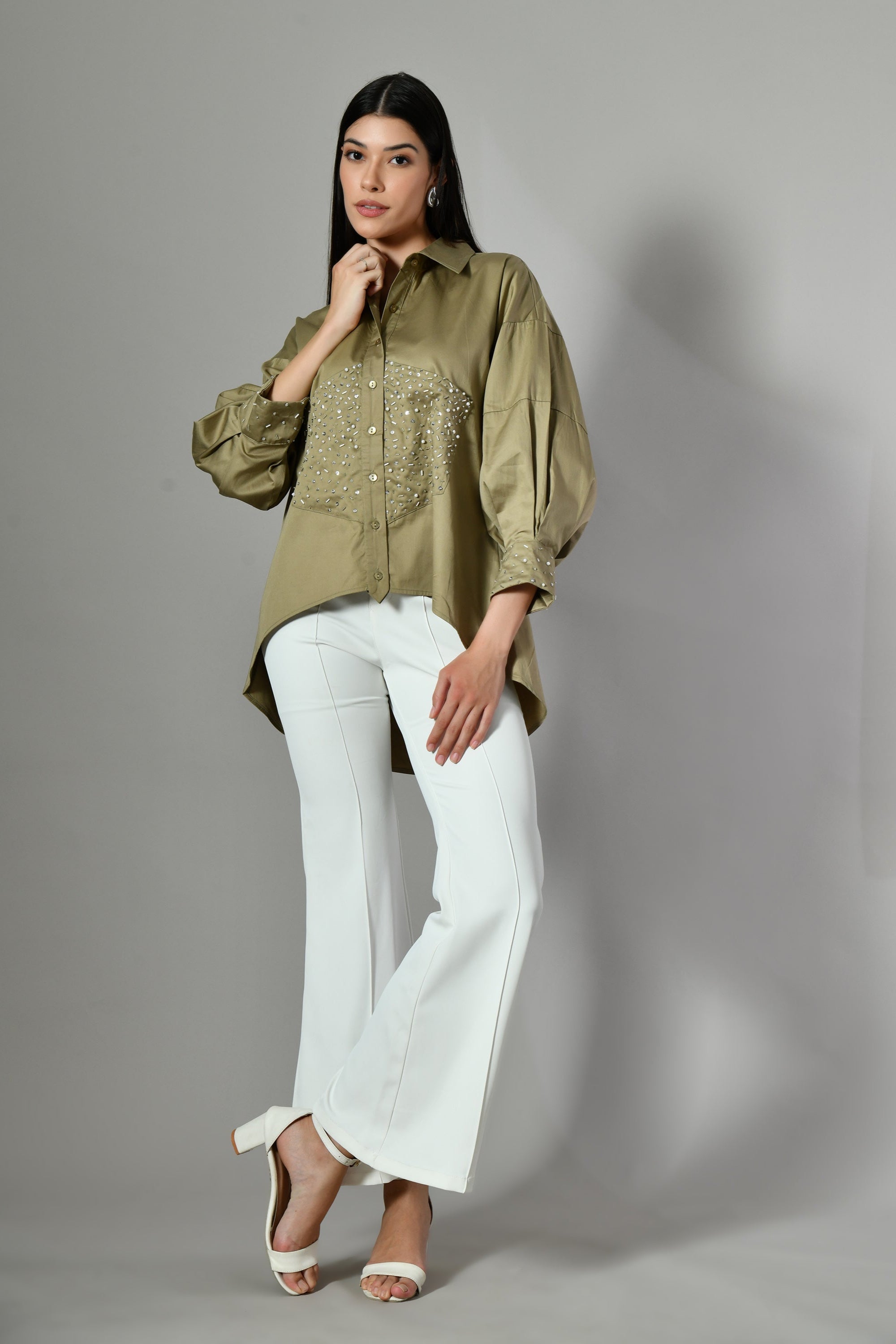 Long sleeve partywear cotton shirt for ladies – fashionable embellished shirt available online and in stores near you. 