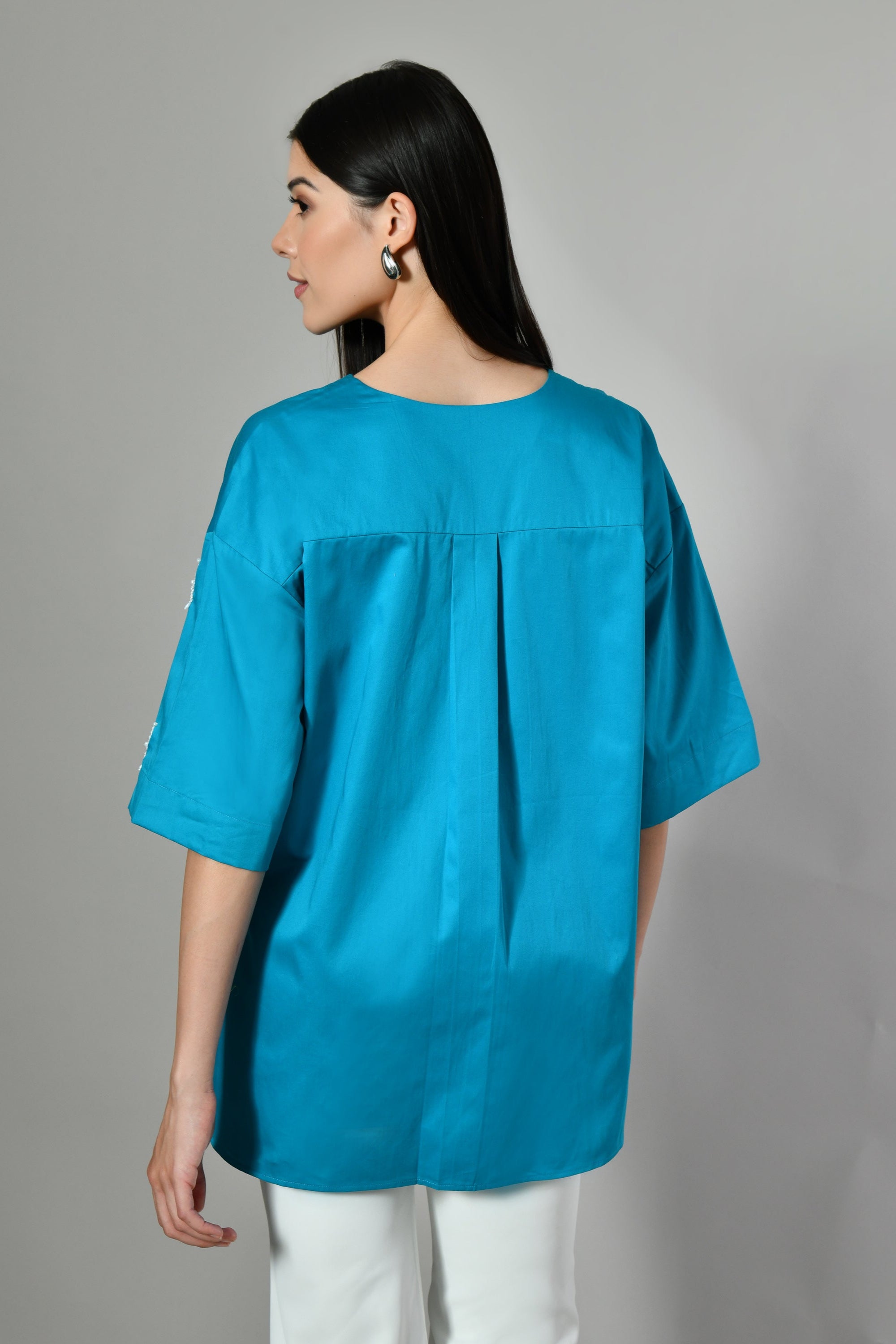 V-neck embroidered cotton shirt for women – oversized summer tunic with abstract embroidery and relaxed fit. cotton tunic, 