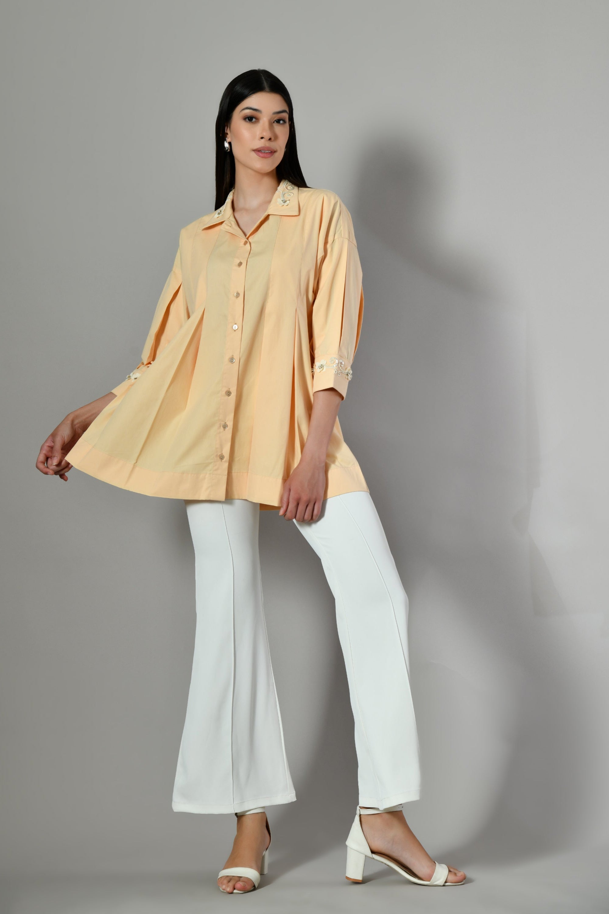 Ladies yellow embroidered shirt with pearl and sequence accents – formal yet breezy summer cotton shirt