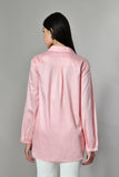 Long sleeve casual pink shirt with designer pleats – stylish workwear and relaxed fit summer shirt for women. 