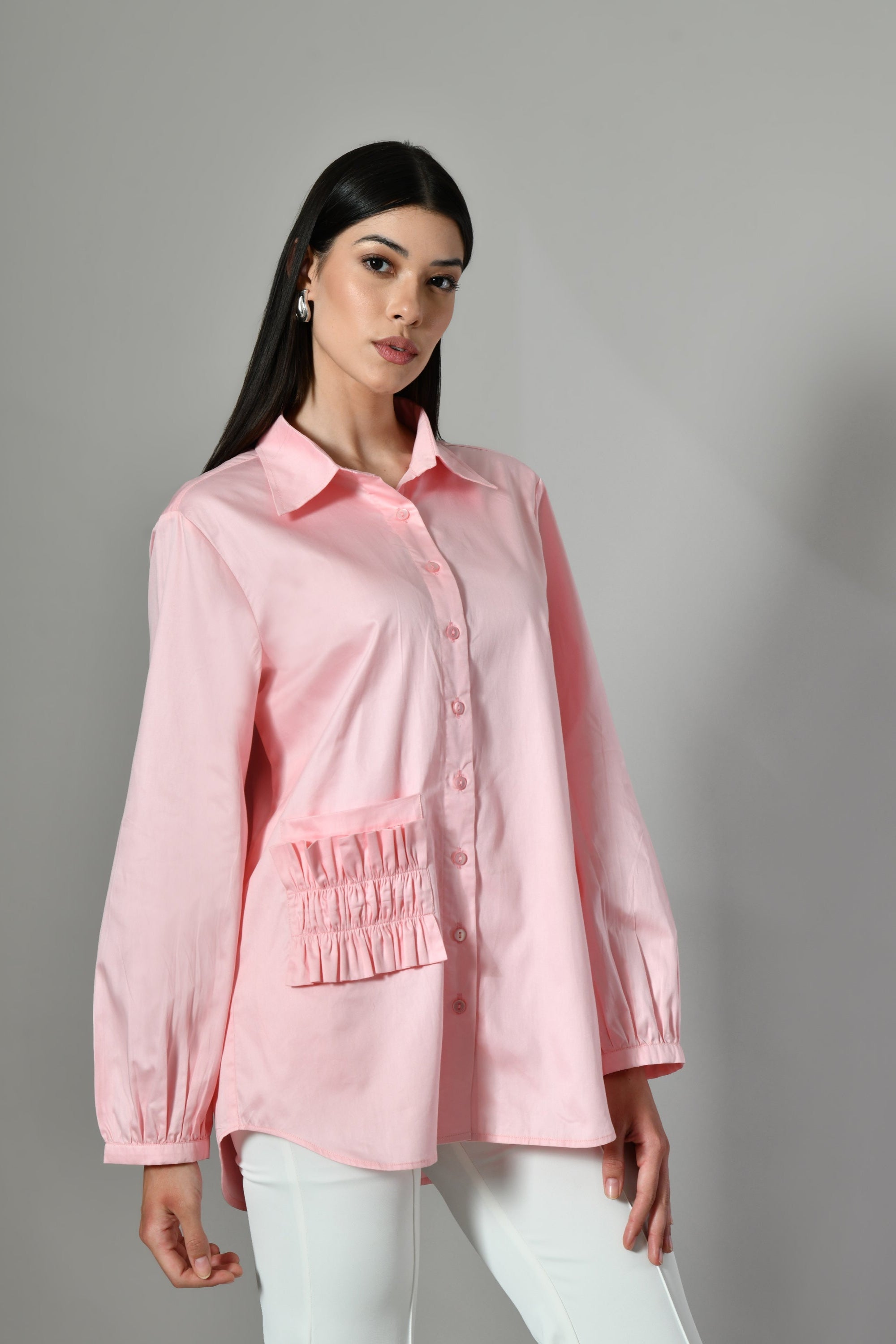 Designer casual shirt for women – pink cotton shirt with festive embellishments, ideal for parties and office wear. 