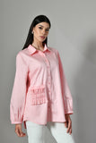 Designer casual shirt for women – pink cotton shirt with festive embellishments, ideal for parties and office wear. 