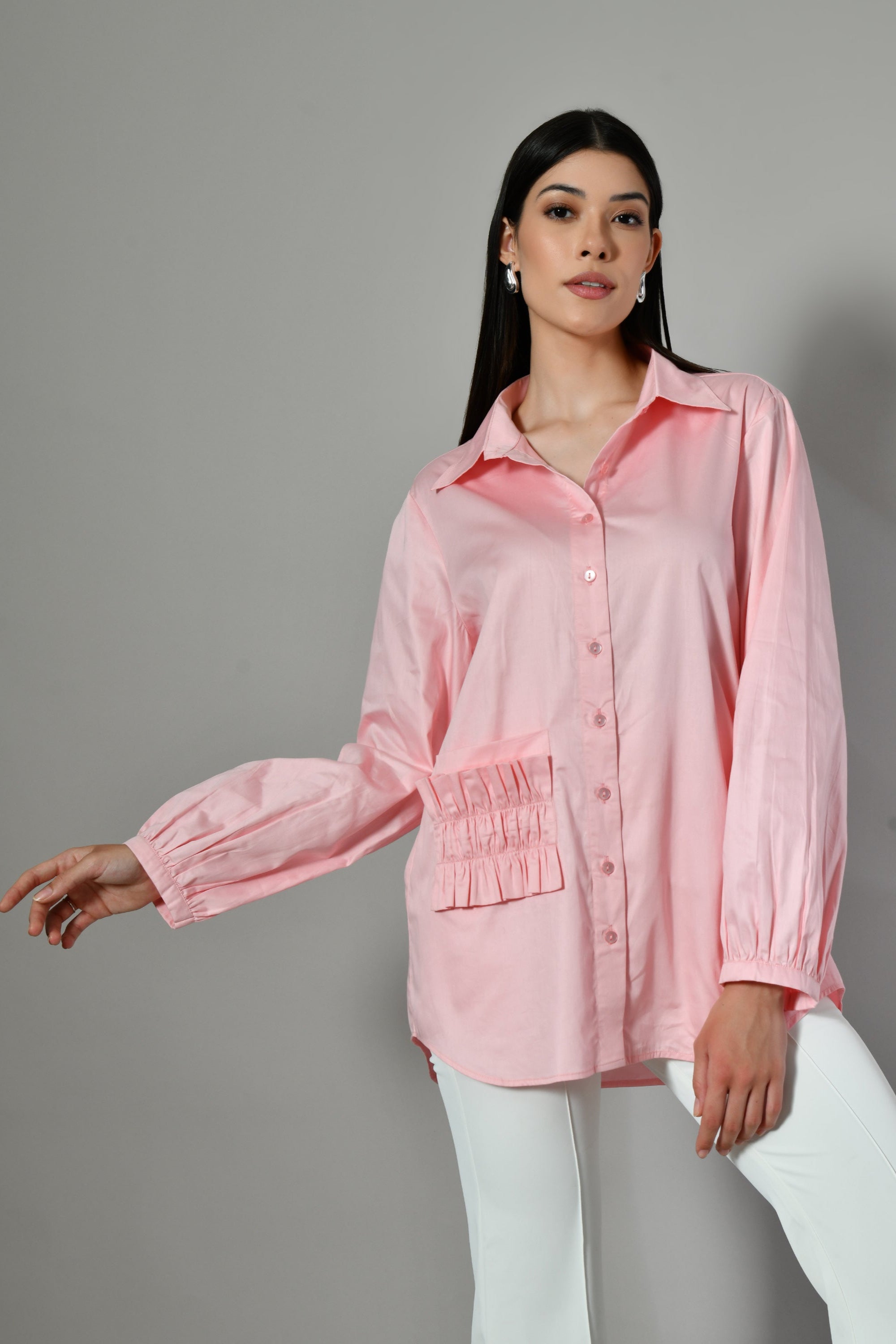 Stylish pink cotton shirt near me – pleated pocket design for summer casuals, perfect for work or events. relaxed fit shirt