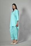 Women’s linen co-ord set – breezy kurta pant combo with band collar, ideal for summer fashion and elegant daily wear. 