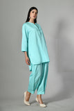 Women’s linen co-ord set – breezy kurta pant combo with band collar, ideal for summer fashion and elegant daily wear. 