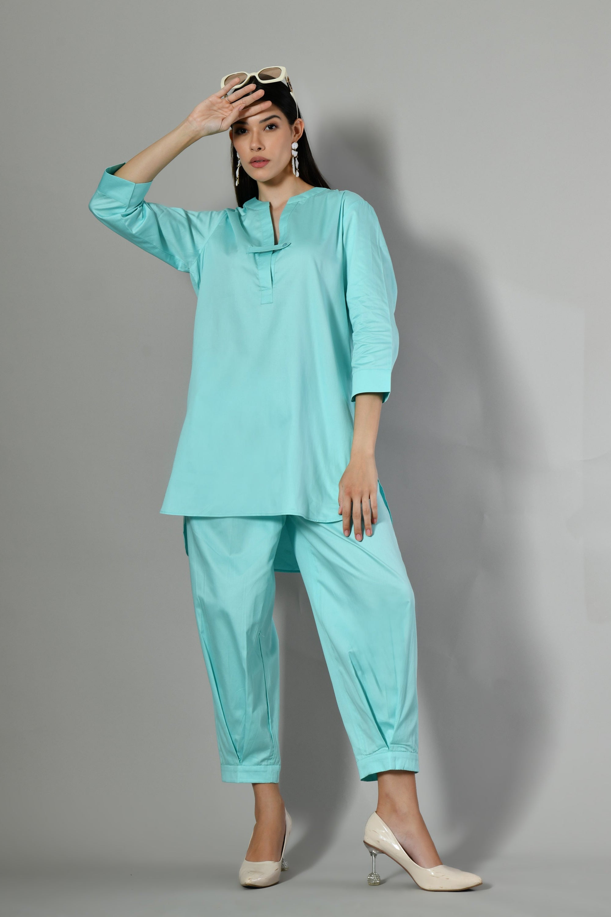 Co ord set for women – cotton kurta with 3/4 sleeves and coordinating pants, a chic and breathable ethnic wear option. 