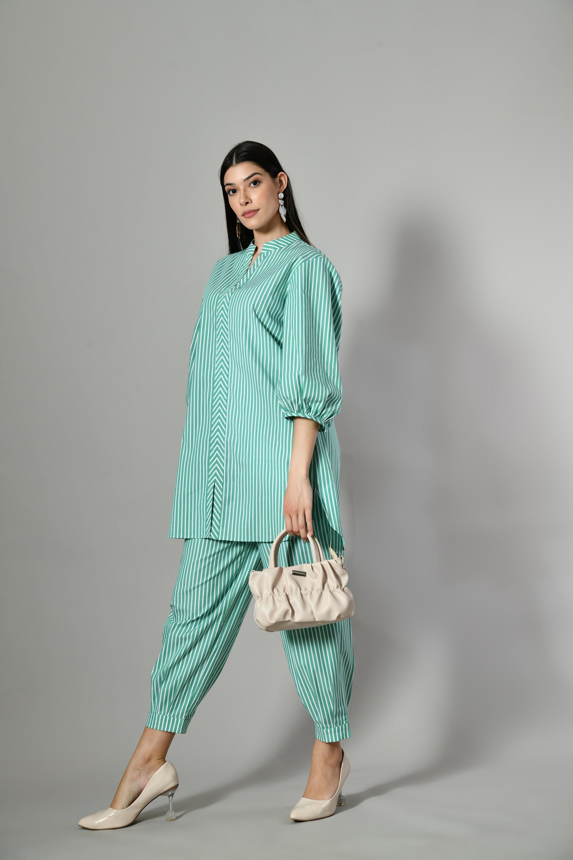 Striped cotton coord set online – trendy two-piece matching outfit for women, wearable across seasons and occasions.