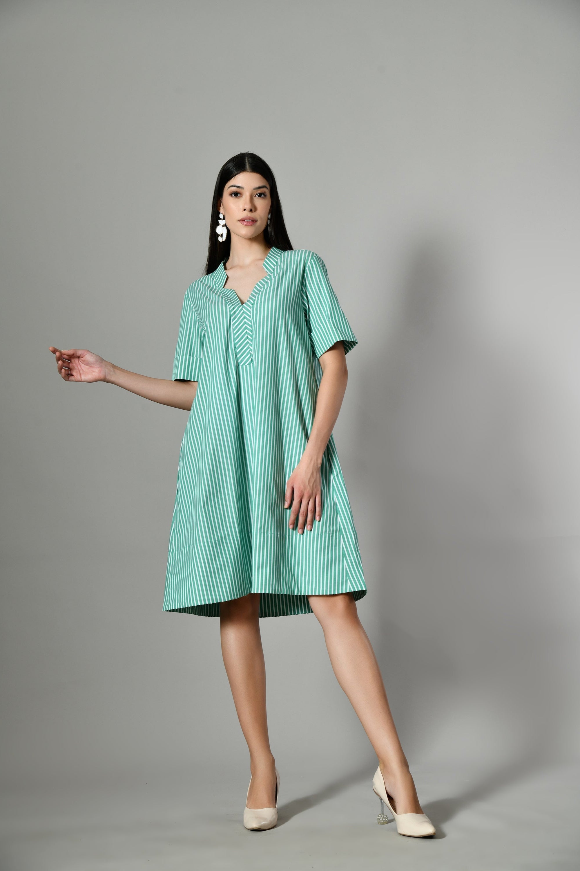 Knee-length green cotton dress – A-line striped summer midi dress for women, perfect for holidays and casual beach days.