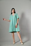 Knee-length green cotton dress – A-line striped summer midi dress for women, perfect for holidays and casual beach days.