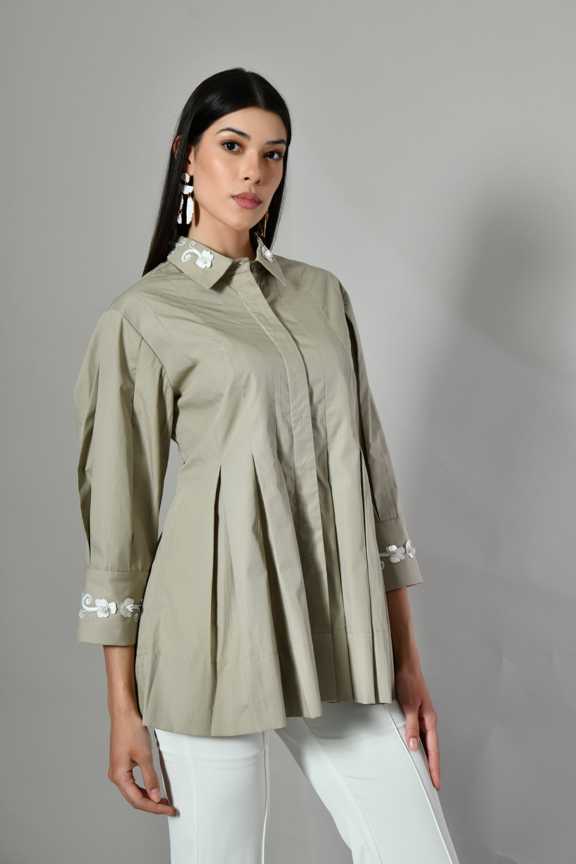 Designer casual top with pleats and 3/4 sleeves – flowy embroidered blouse perfect for office wear or formal occasions.