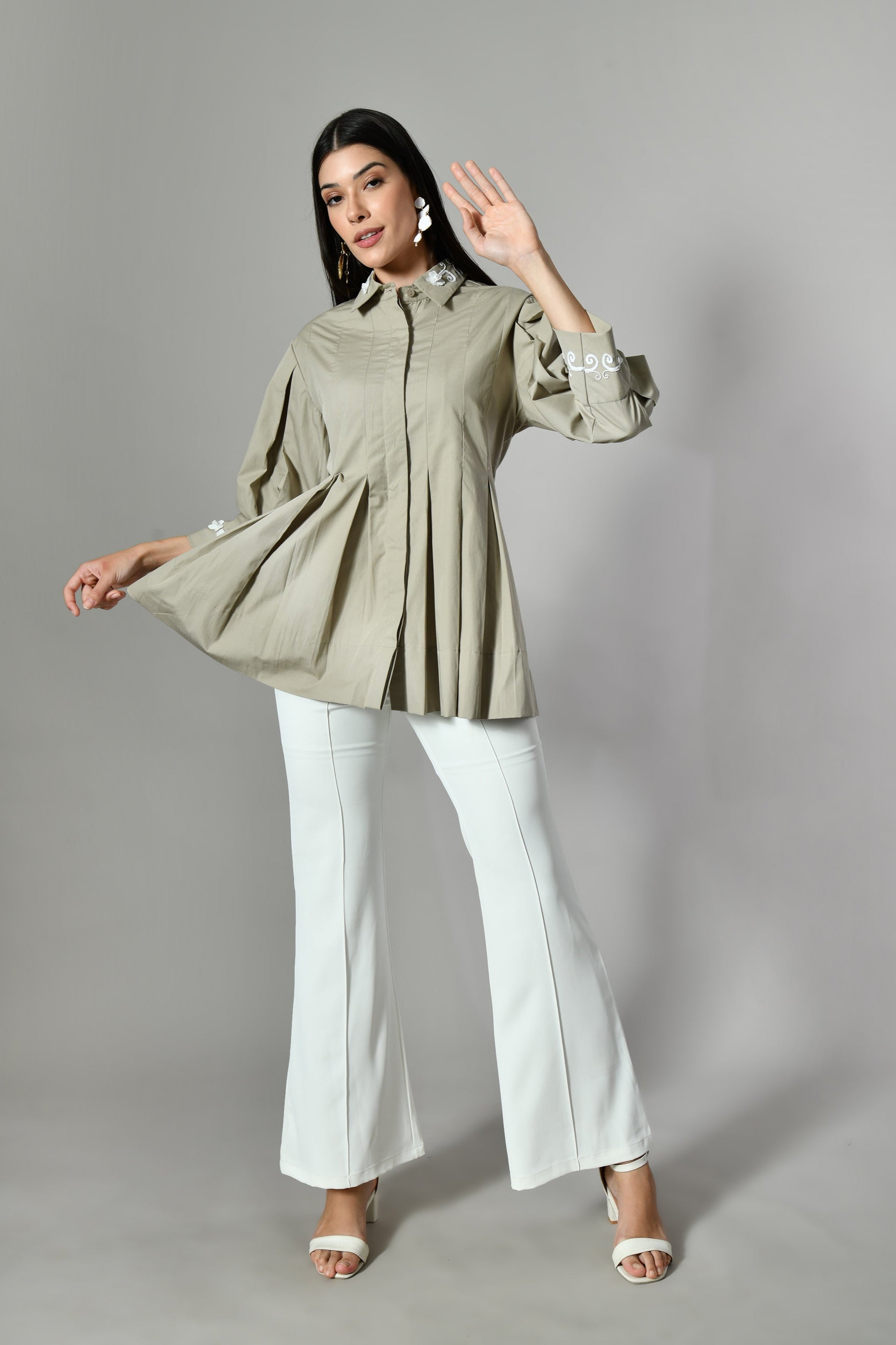 Stylish embroidered collar shirt with a flattering A-line cut – versatile cotton blouse for office or everyday fusion looks.