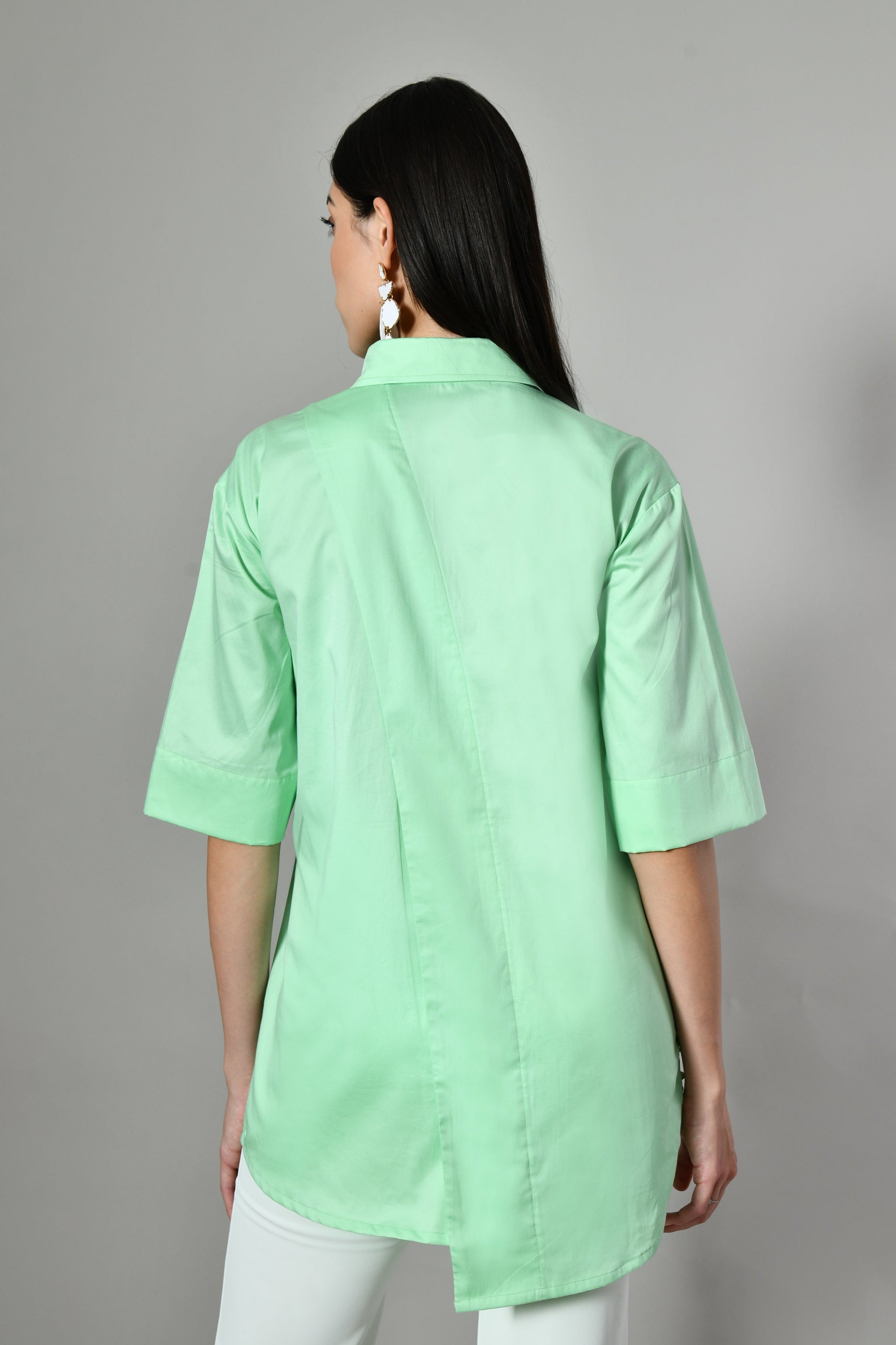 Pearl work shirt for women in mint green – breathable cotton fusion wear ideal for casual ethnic and contemporary styling. 
