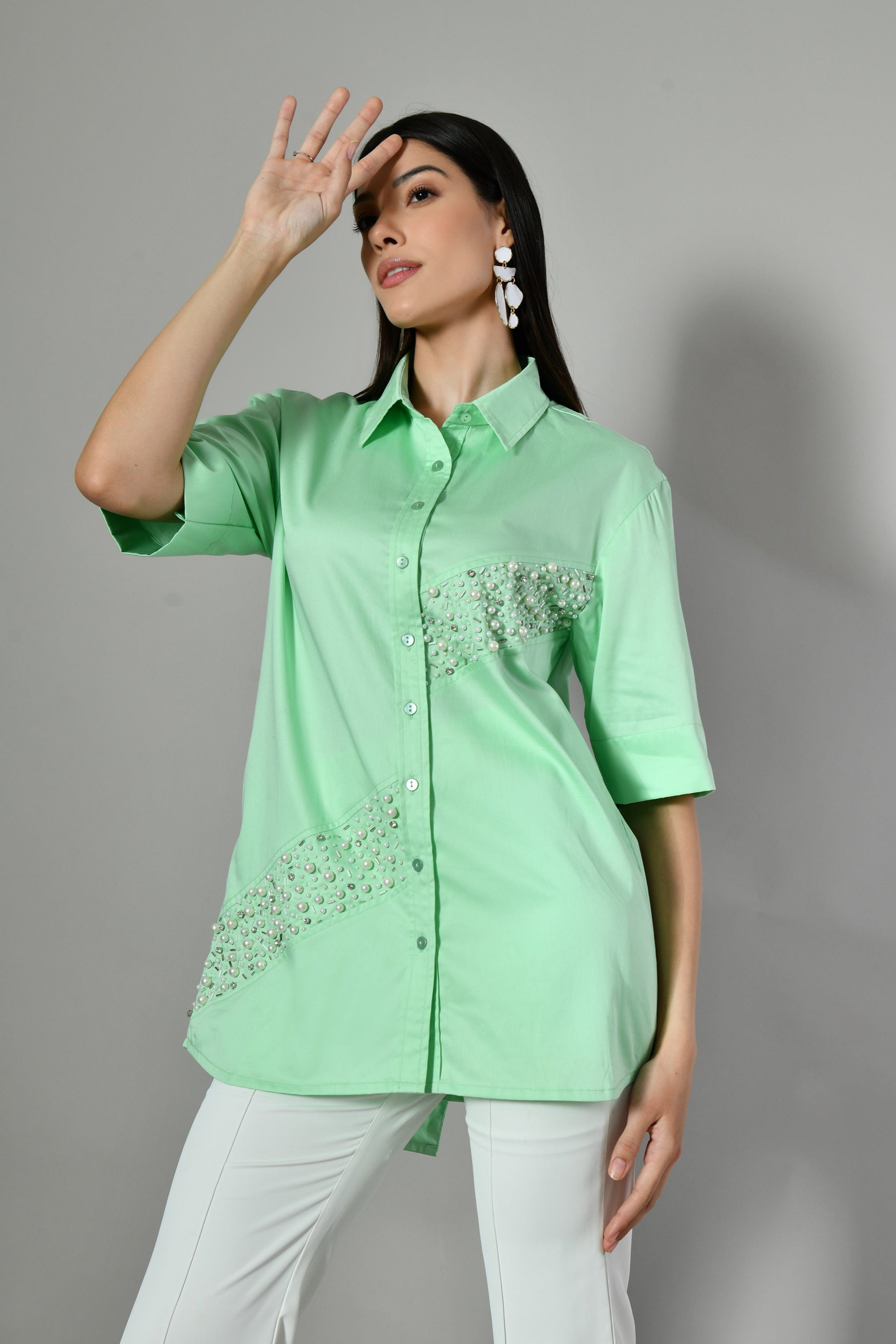 Breathable cotton mint green shirt with pearl work–embroidered shirt online for women seeking ethnic casual elegance in India