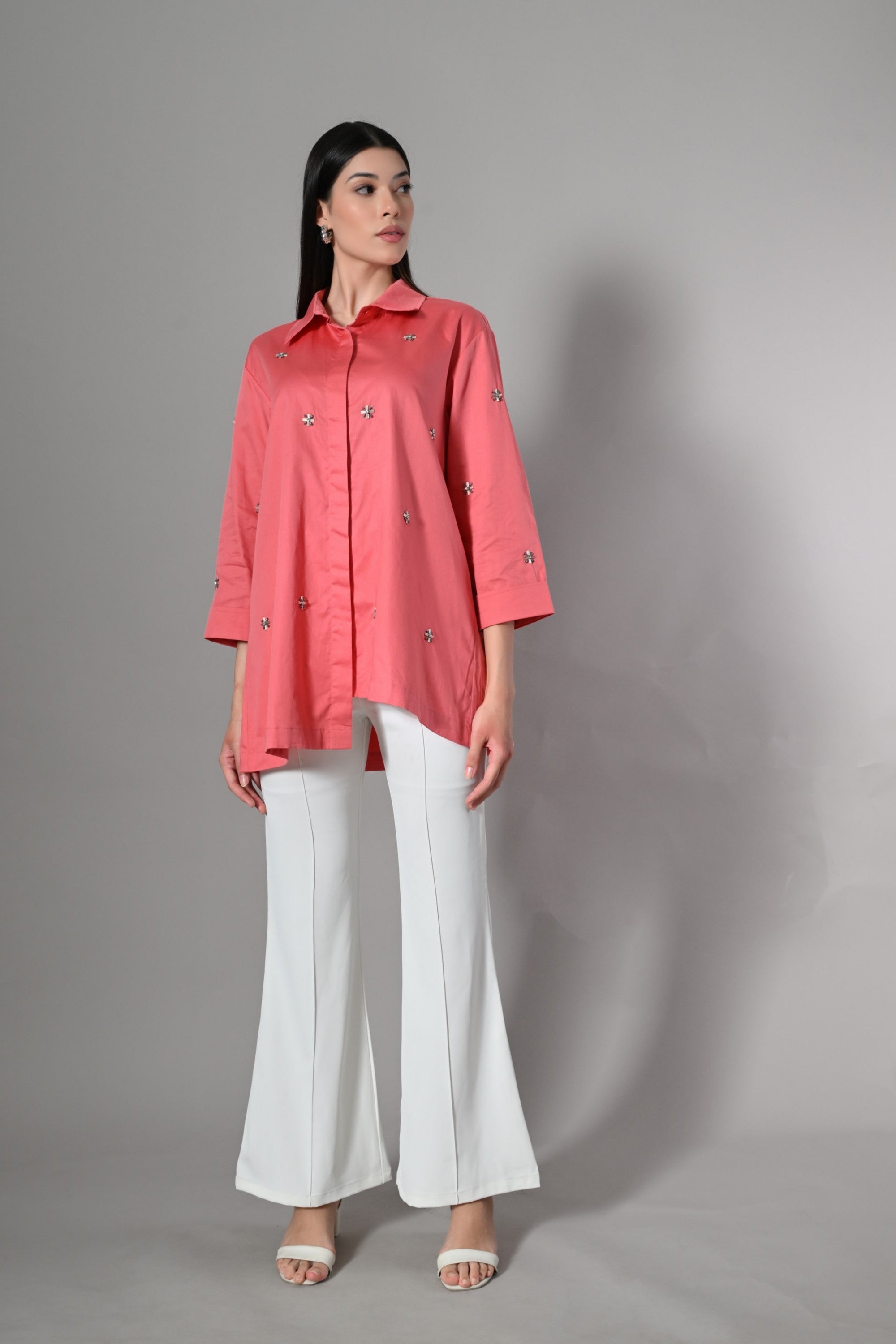 Trendy Indian fusion coral shirt – embroidered loose fit cotton top for modern festive looks and stylish womenswear 2025.