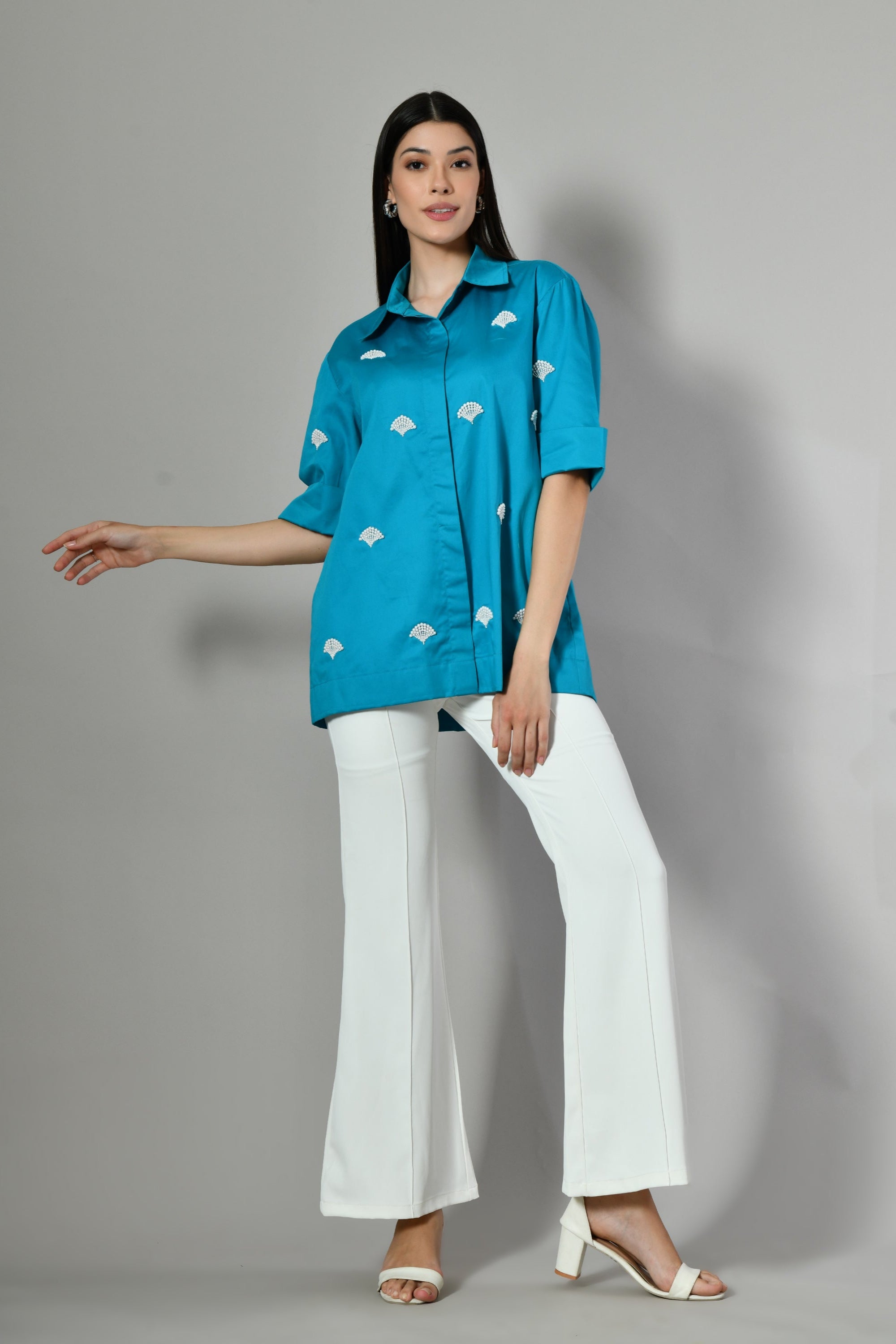 Designer cotton shirt for women in blue – pearl embellished and embroidered festive casual top available online in India.