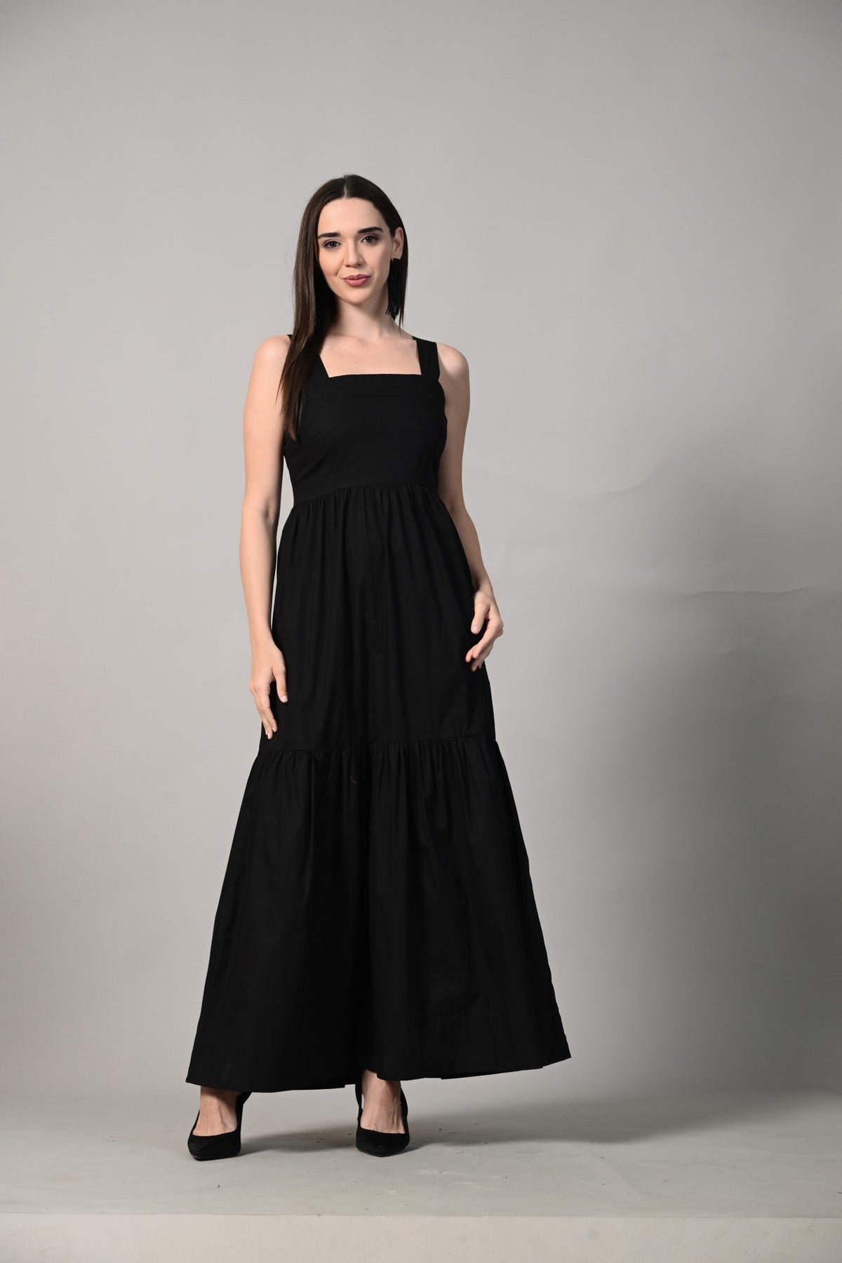 Women's Black Tiered Maxi Dress Sleeveless Cotton Style ISARA Women's Black Tiered Maxi Dress Sleeveless Cotton Style ISARA