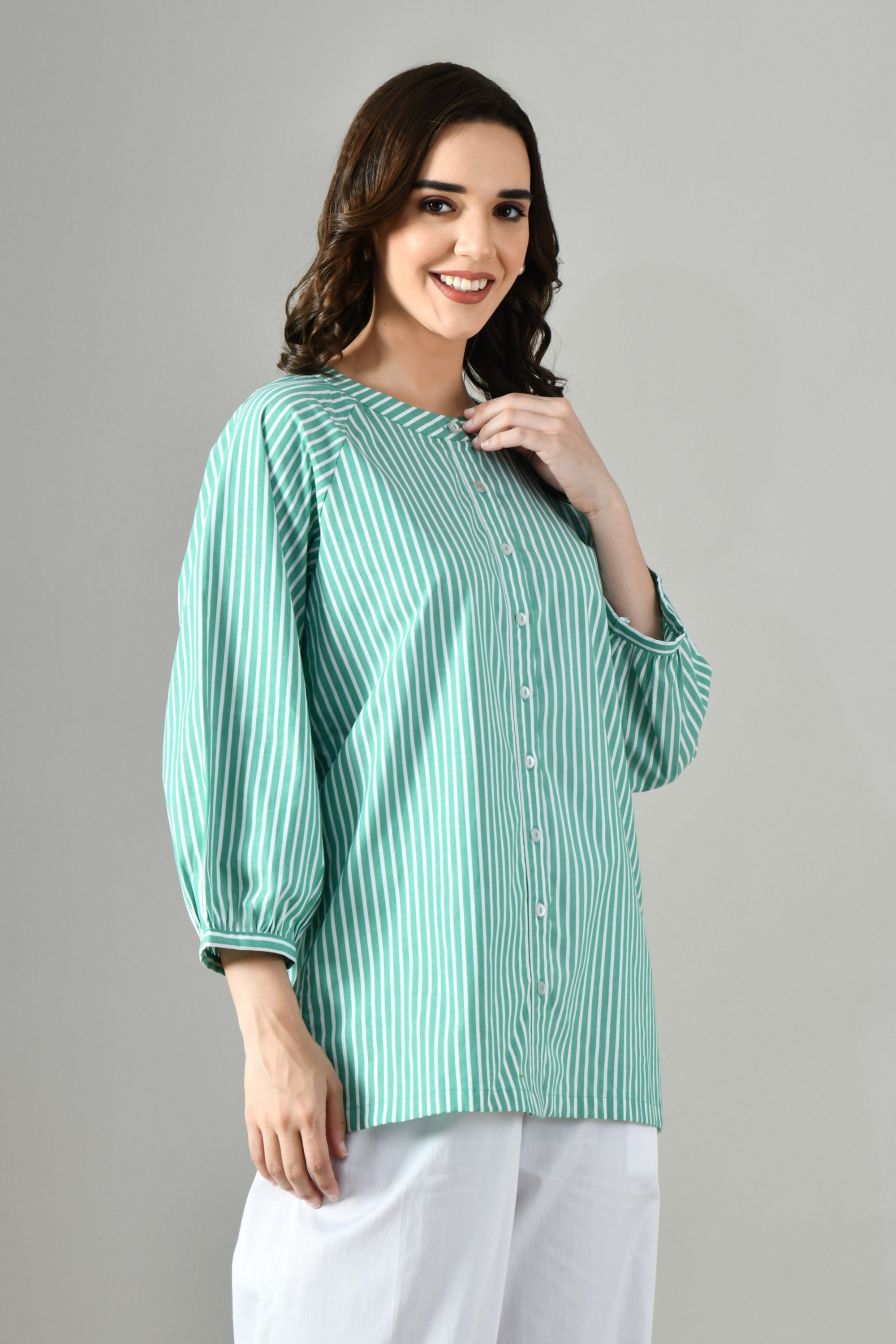 Round neck green striped shirt – cotton kurta-style tunic with button front, ideal summer shirt for women. shirt for women, cotton shirt for women, shirt for women isara, striped shirt for women, green and white striped shirt for Women, Cotton Shirt For Women