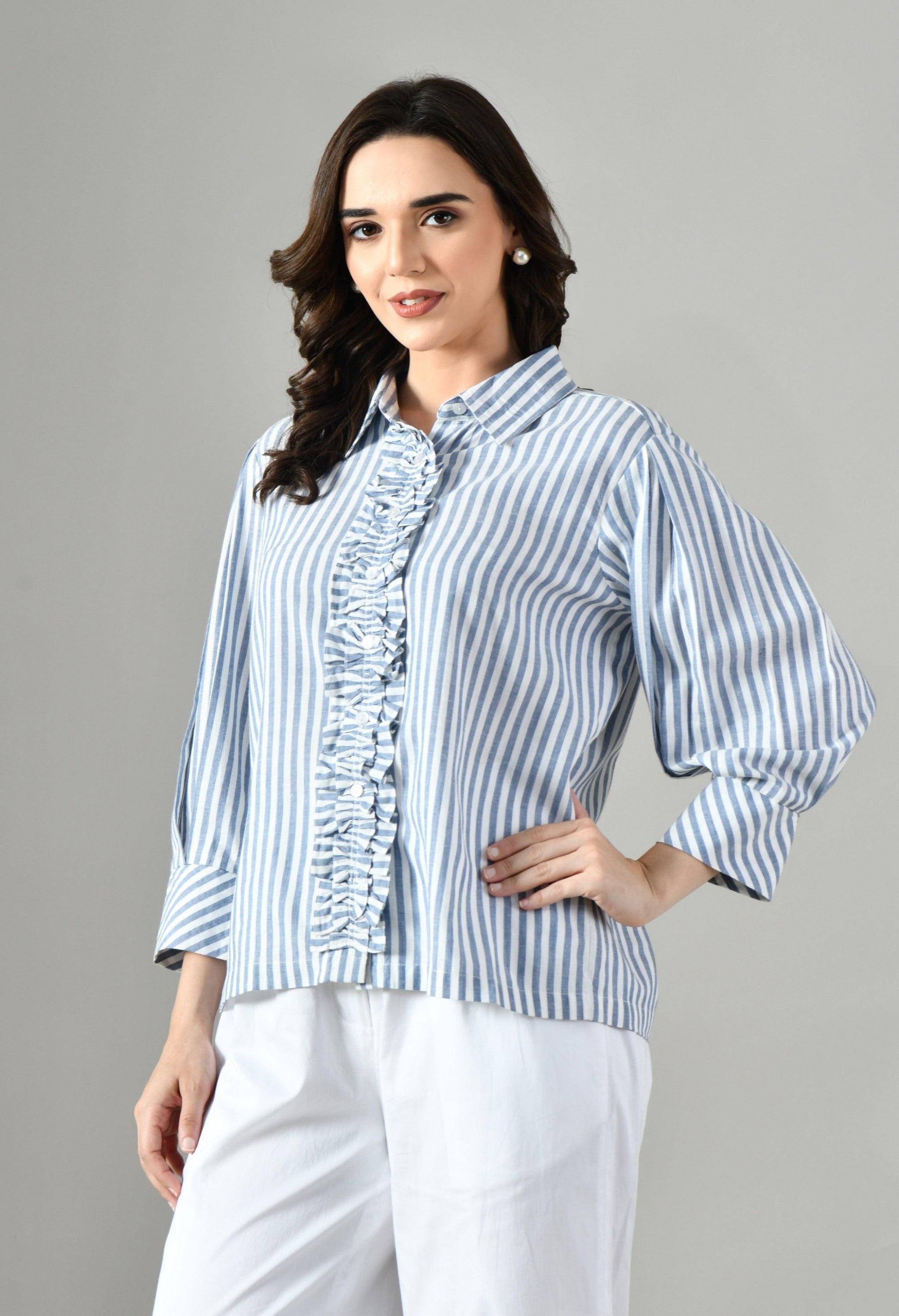 Grey ruffled shirt for girls – summer-ready cotton tunic with button front, a stylish option for casual or festive occasions.
