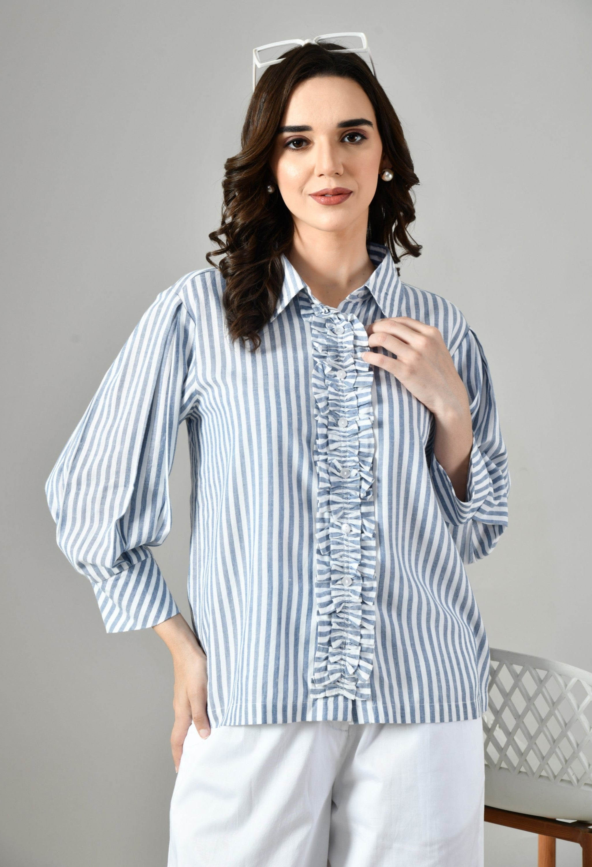 Grey linen button-front tunic top for women– relaxed fit cotton shirt with classic collar and full sleeves, ideal summer work