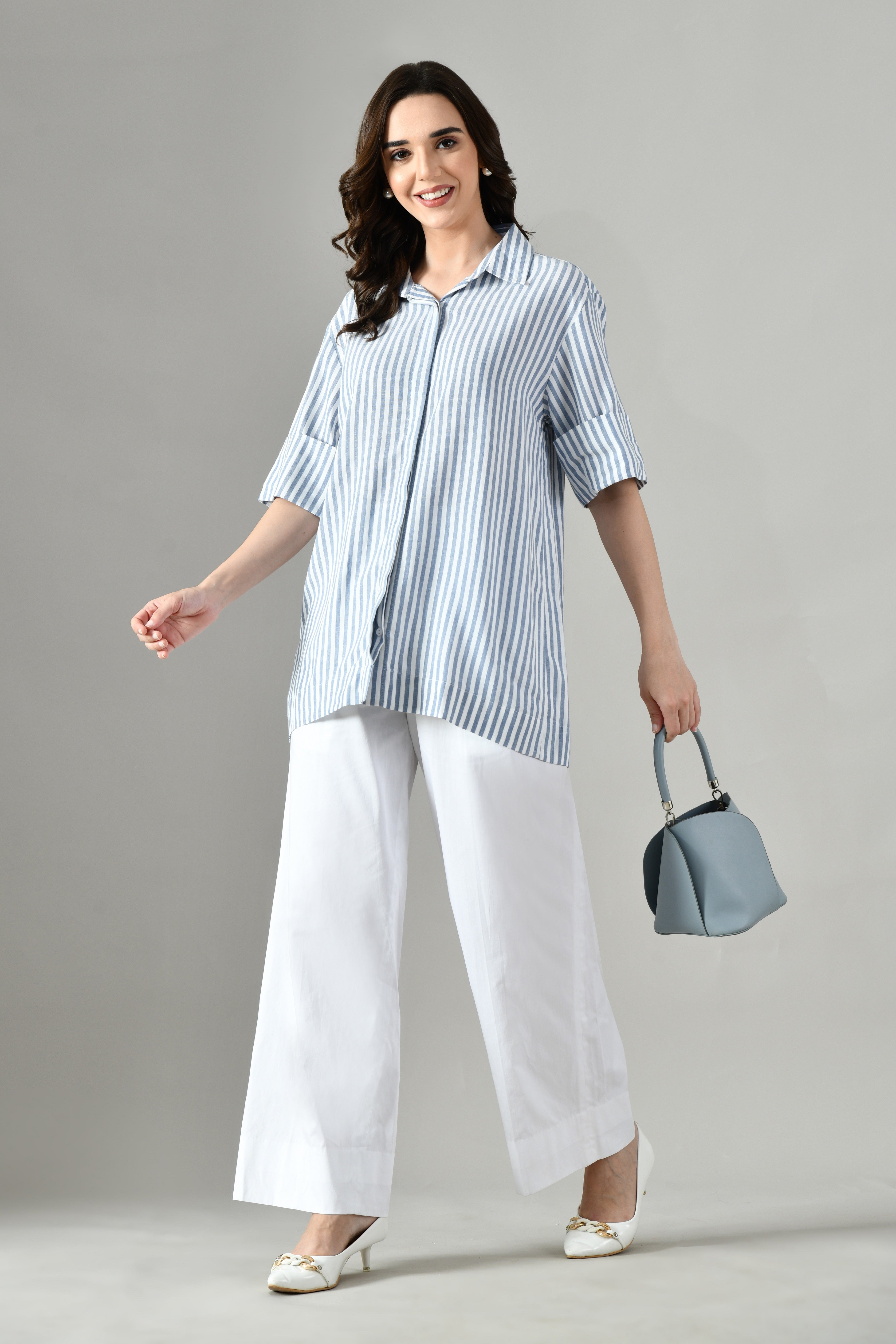 Grey cotton shirt dress for women – stylish summer wear with stripe design, shirt dress near me available online. shirt for women,half sleeve shirt for women,women cotton shirt, grey and white shirt for Women Isara