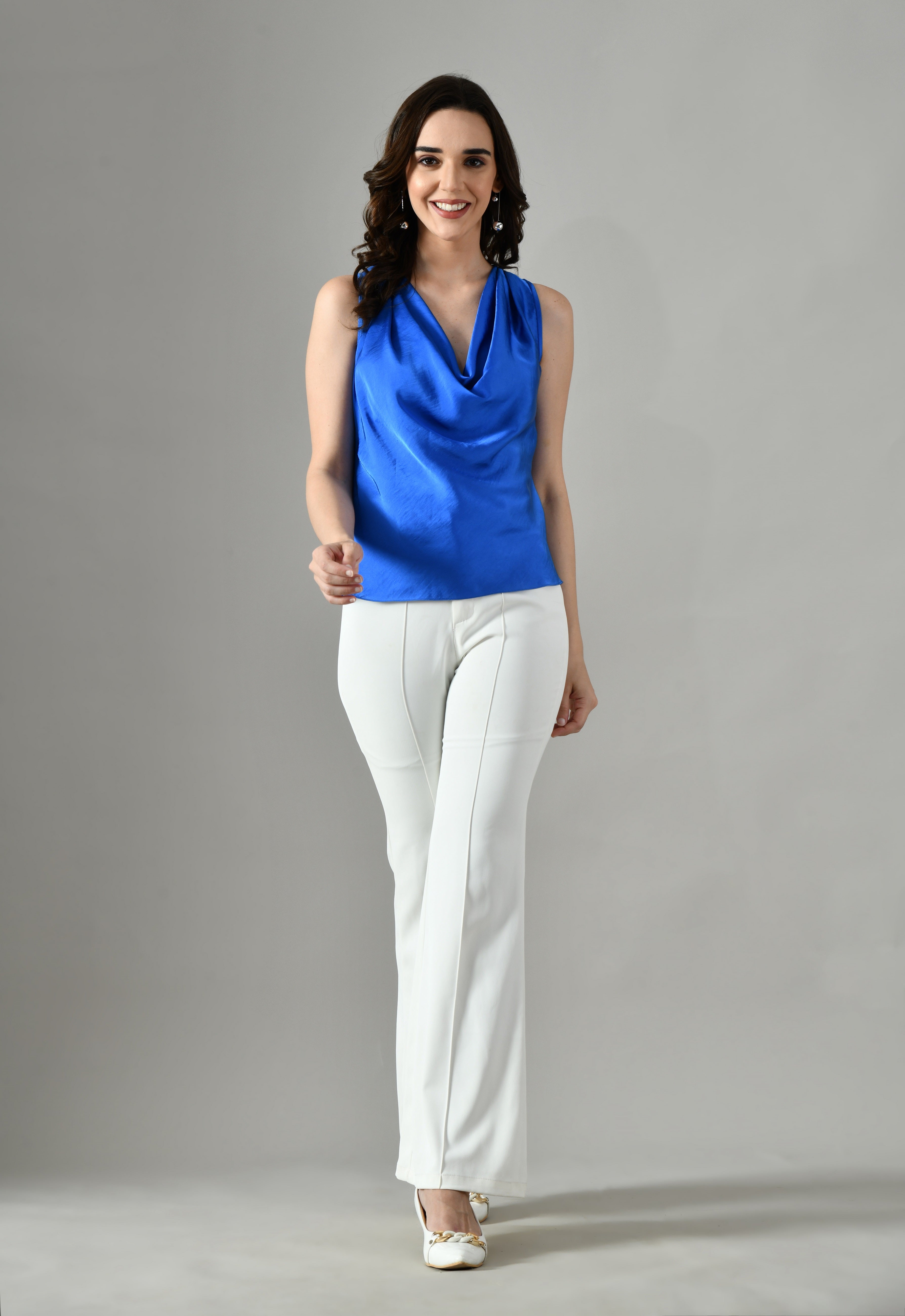 Stylish blue cowl neck top for women – perfect western wear for parties, casual outings, or summer beach days. tops for women. summer top for Women, Cowl draped Top For Women, Women Summer Top