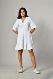 White button-down flared shirt dress with V-neckline and elbow-length sleeves – perfect cotton summer wear for women. 