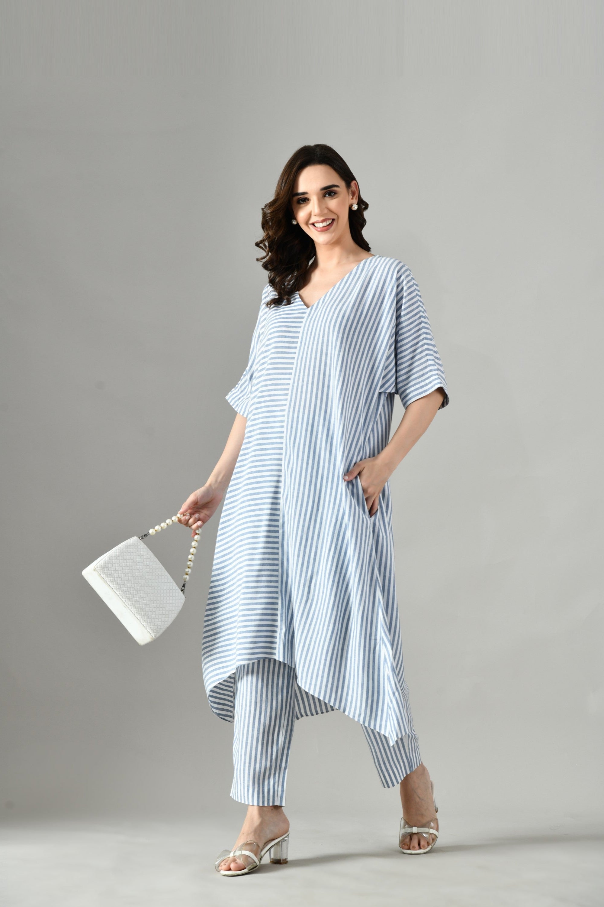 Women's cotton kurta set – grey co-ord with pants, modern Indian outfit inspired by Zara styles, perfect for summer. 