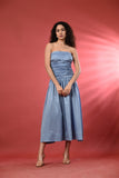 Sky Blue Ruched Midi Dress for Women – Off Shoulder Summer Dress by Isara