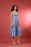 Women's Sky Blue Sundress – Flowy Linen Cold Shoulder Dress for Beach Outings