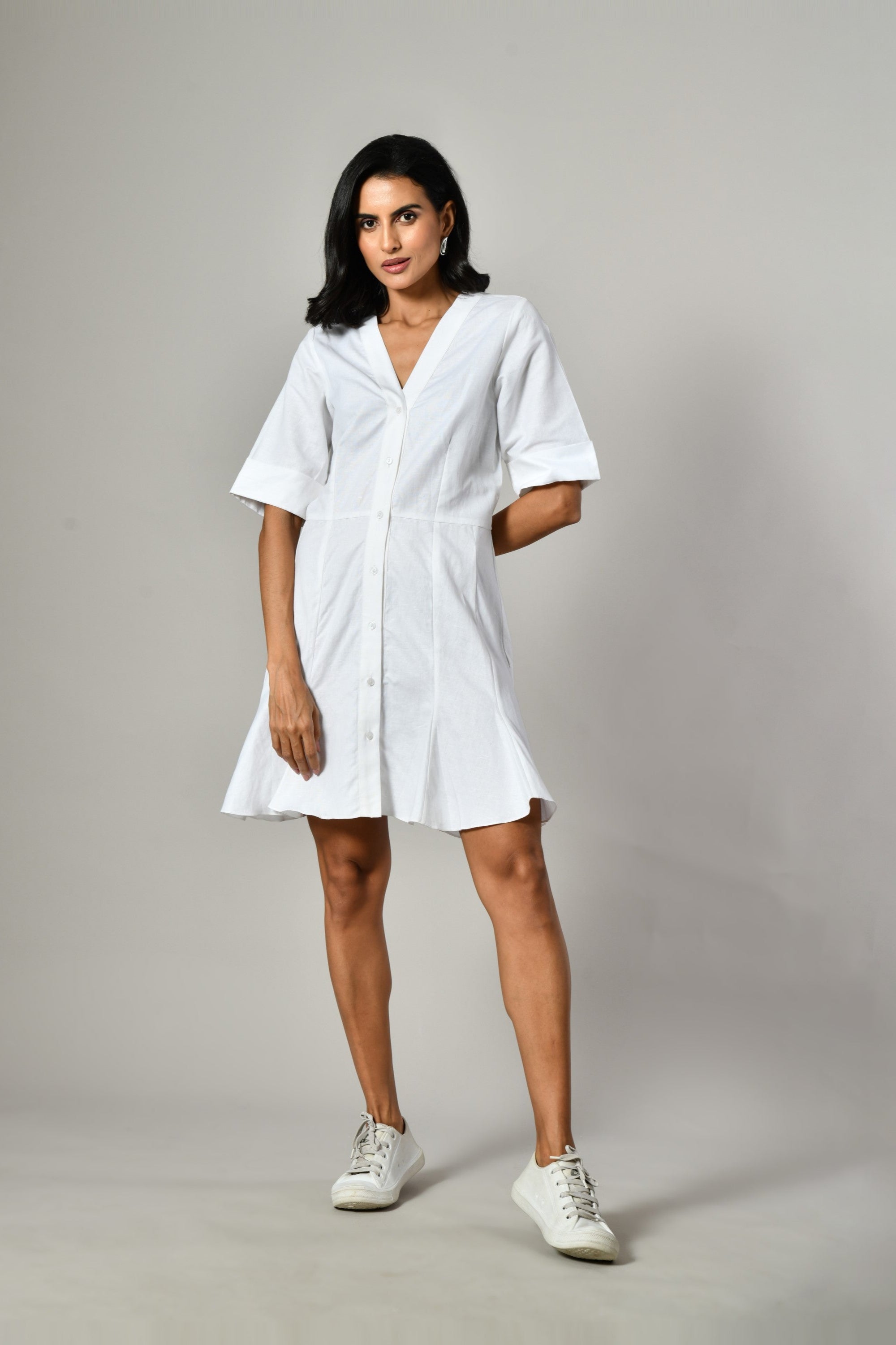White cotton v neck dress – button-down mini dress with flare and comfort for beachwear or daily wear. V-neck casual dress, 