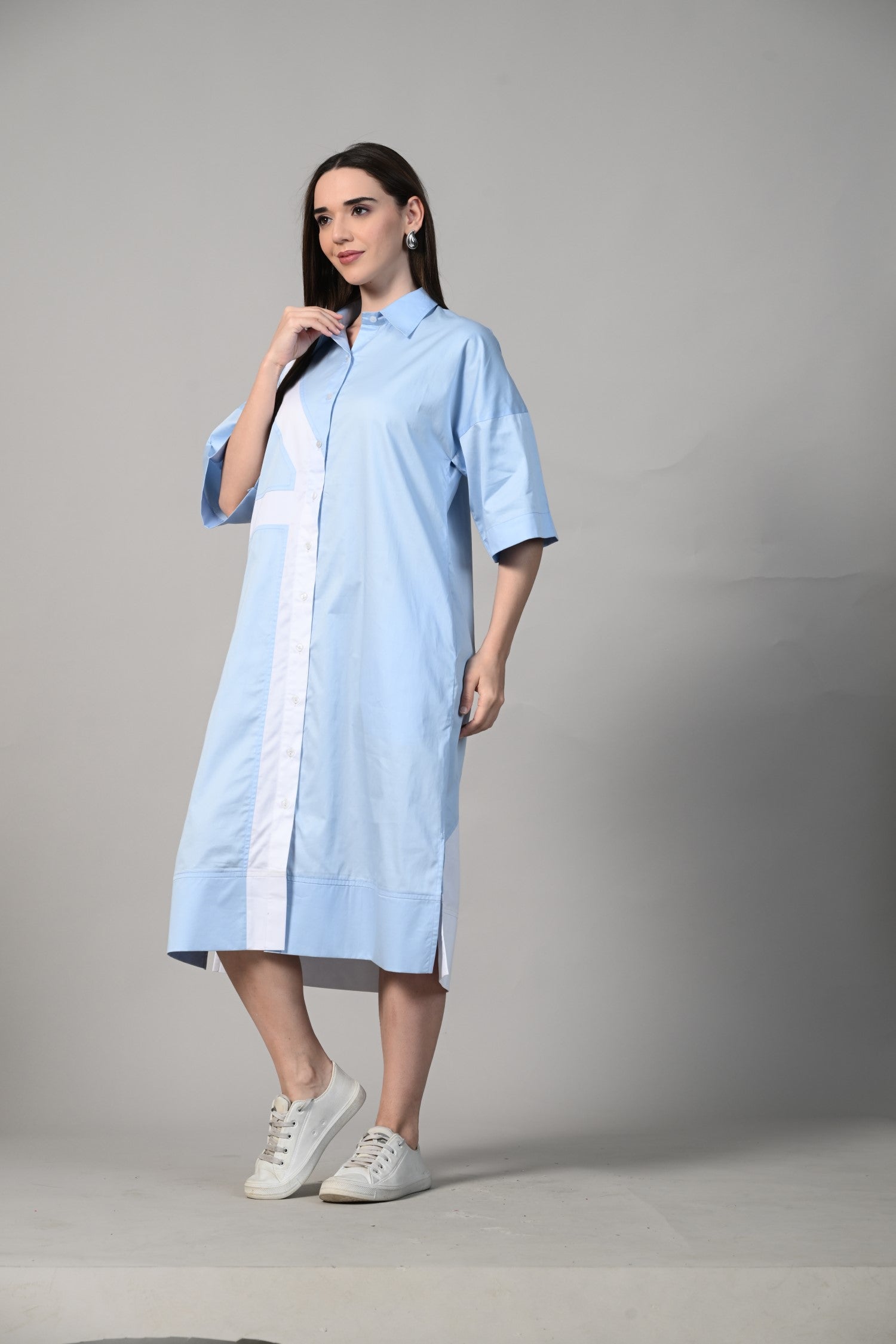 Sky Blue White Color Block Cotton Shirt Dress for Women – ISARA Sky Blue White Color Block Cotton Shirt Dress for Women – ISARA