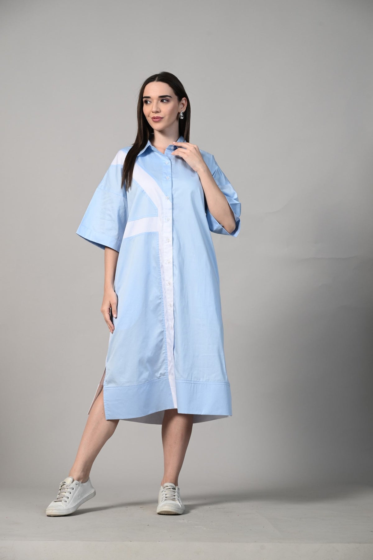 Sky Blue White Color Block Cotton Shirt Dress for Women ISARA Sky Blue White Color Block Cotton Shirt Dress for Women ISARA