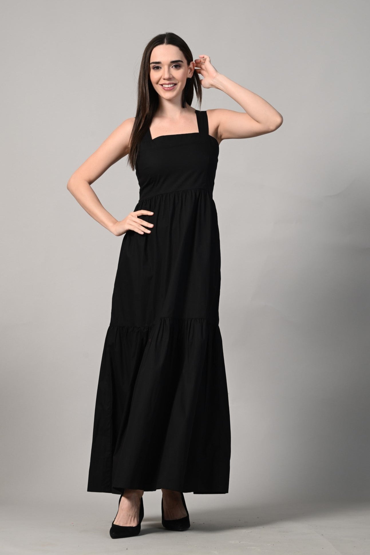Women's Black Tiered Maxi Dress Sleeveless Cotton Style ISARA Women's Black Tiered Maxi Dress Sleeveless Cotton Style ISARA