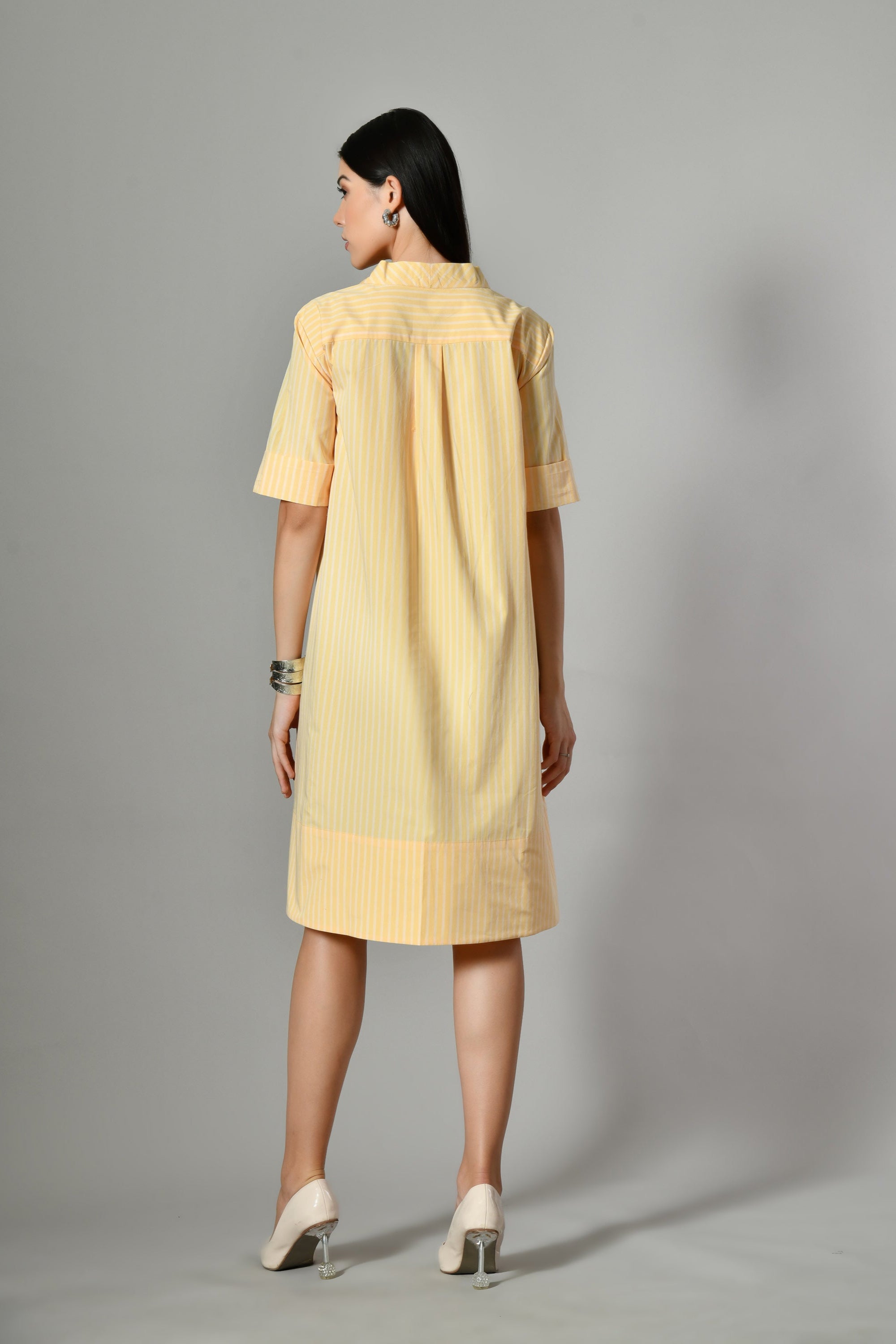 Knee-length yellow cotton dress–breathable and lightweight holiday dress perfect for beach vacations & casual summer styling.