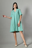 Knee-length green cotton dress – A-line striped summer midi dress for women, perfect for holidays and casual beach days.