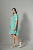 A-line green midi dress – stylish knee-length day dress for women, perfect for summer outings and casual holiday looks. 