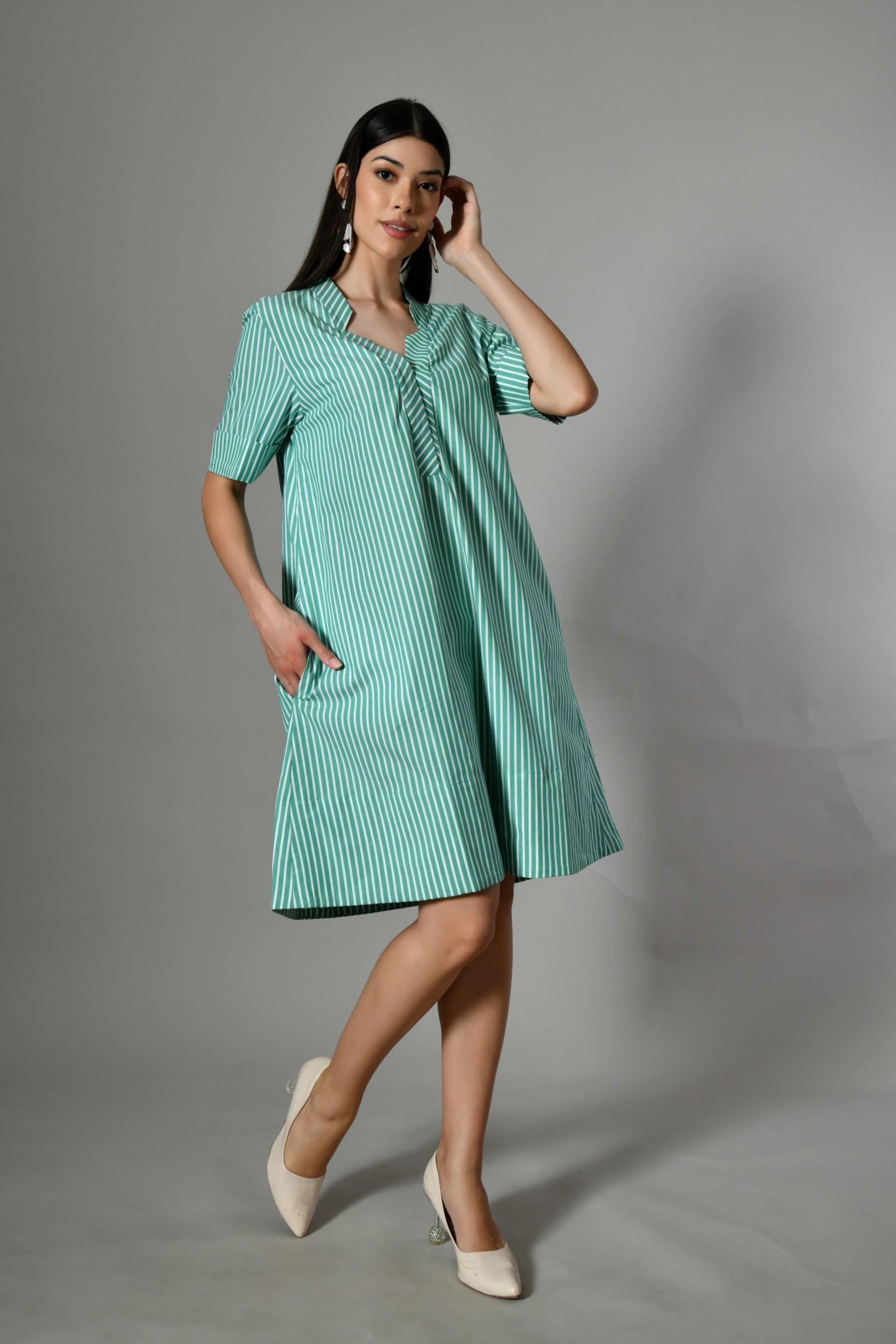 Casual green stripe dress–linen blend knee-length dress for women, perfect for relaxed evening, summer event, online shopping