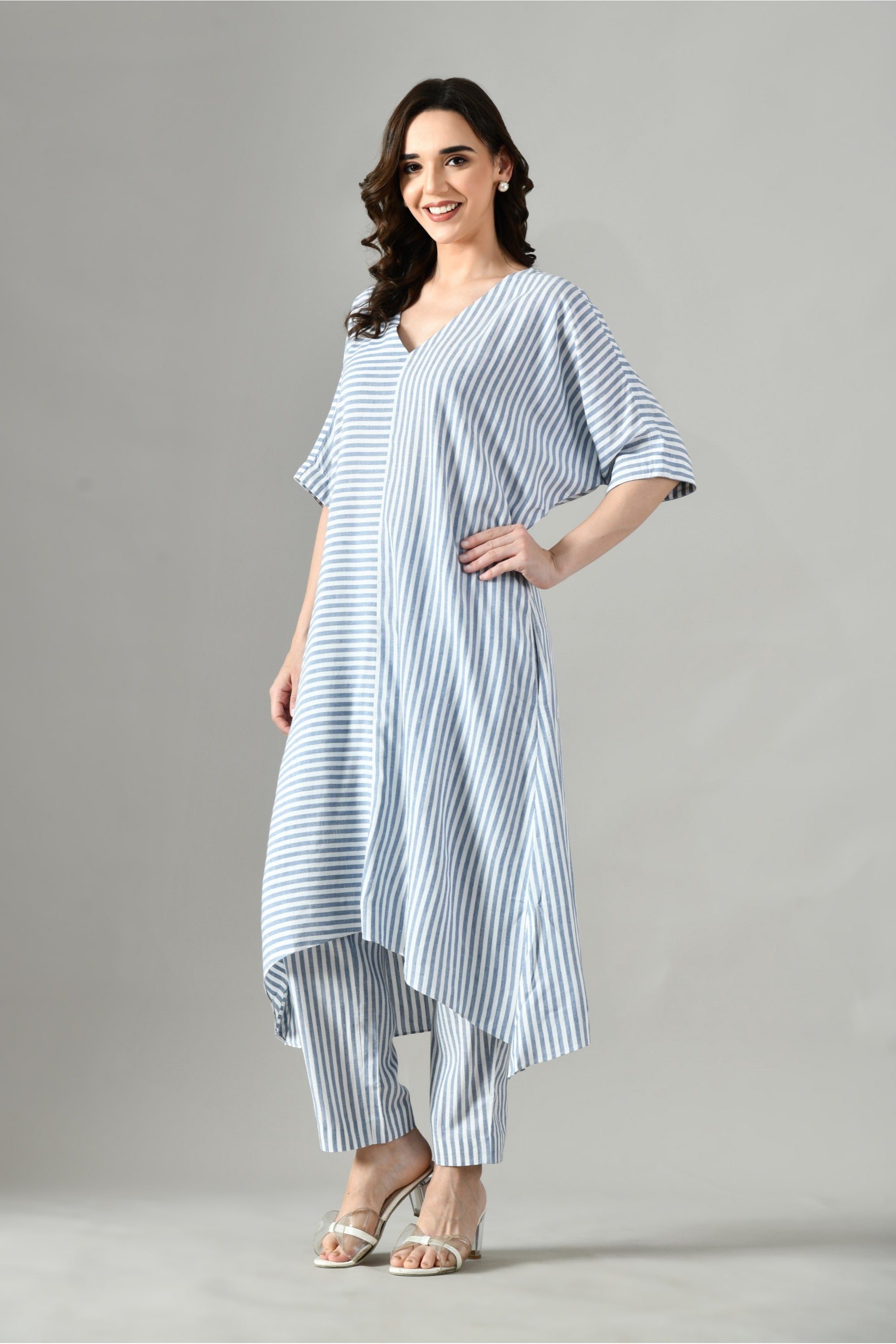 Two-piece matching coord set for women – grey striped cotton outfit for casual and office looks, available online. 