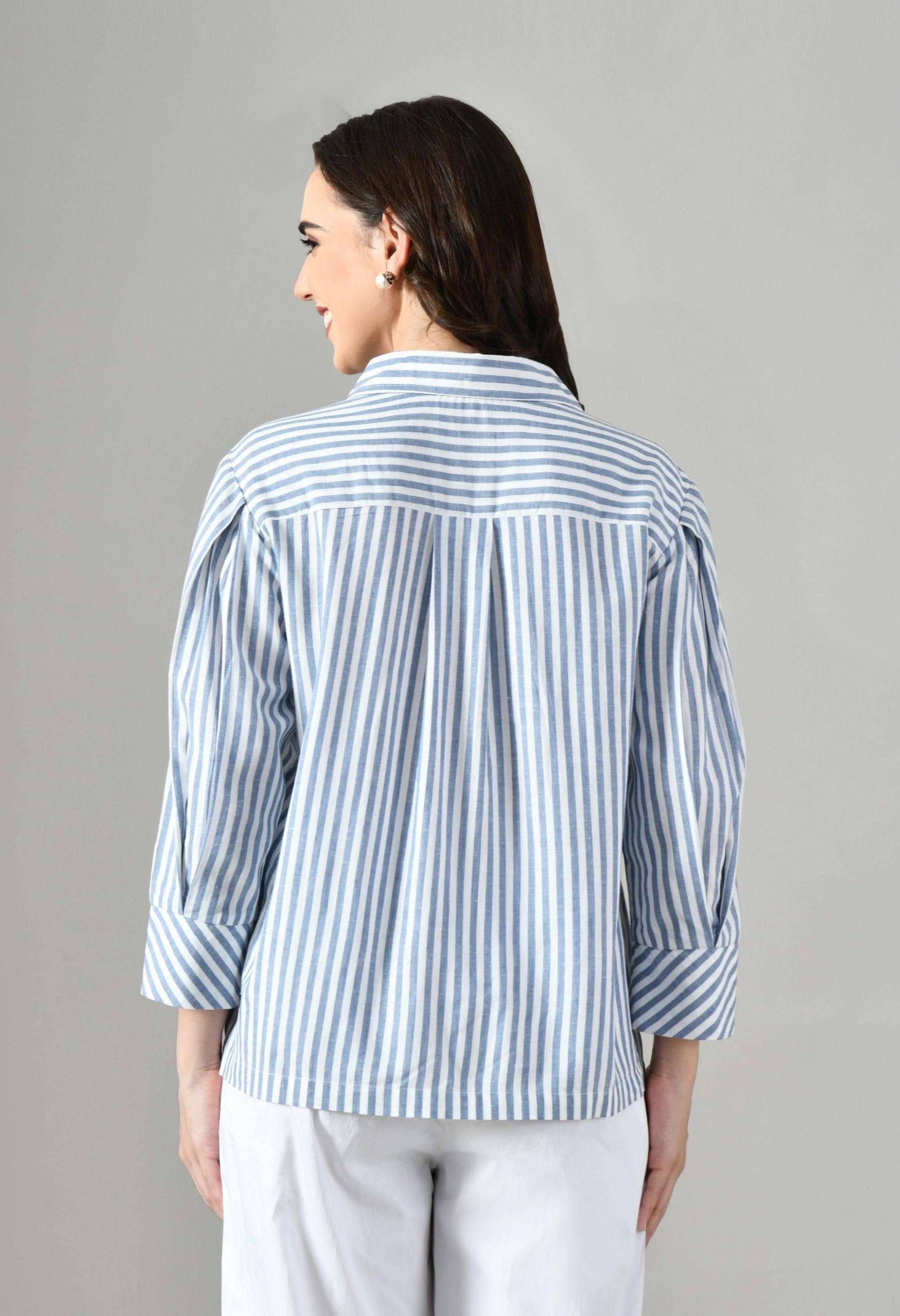 Grey and white stripe shirt for women–collared cotton tunic with ruffle detailing, perfect for day-to-night, office-to-party