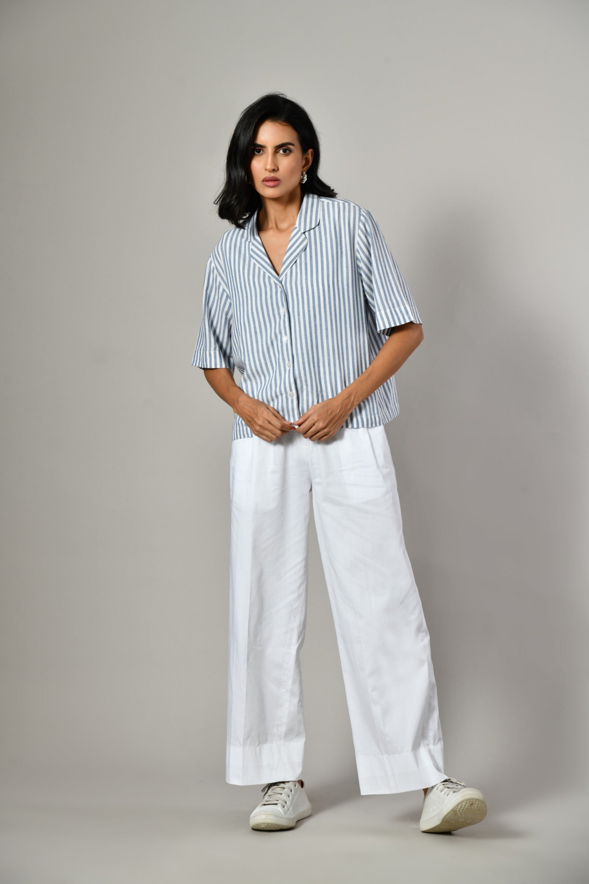 Open collar grey striped shirt for ladies– casual button front tunic, stylish summer shirt online. half sleeve shirts near Me